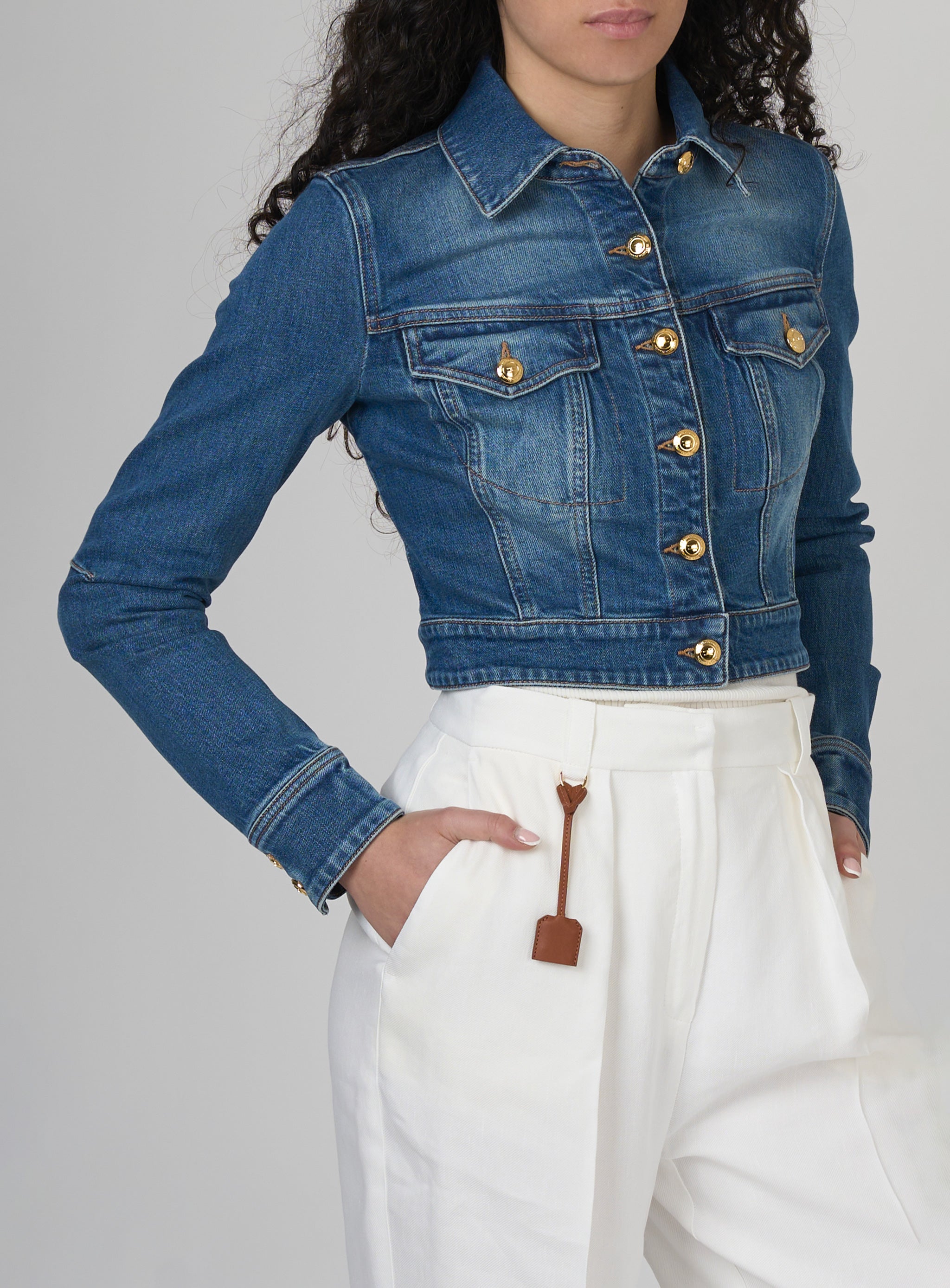 Giubbotto cropped in denim Blu
