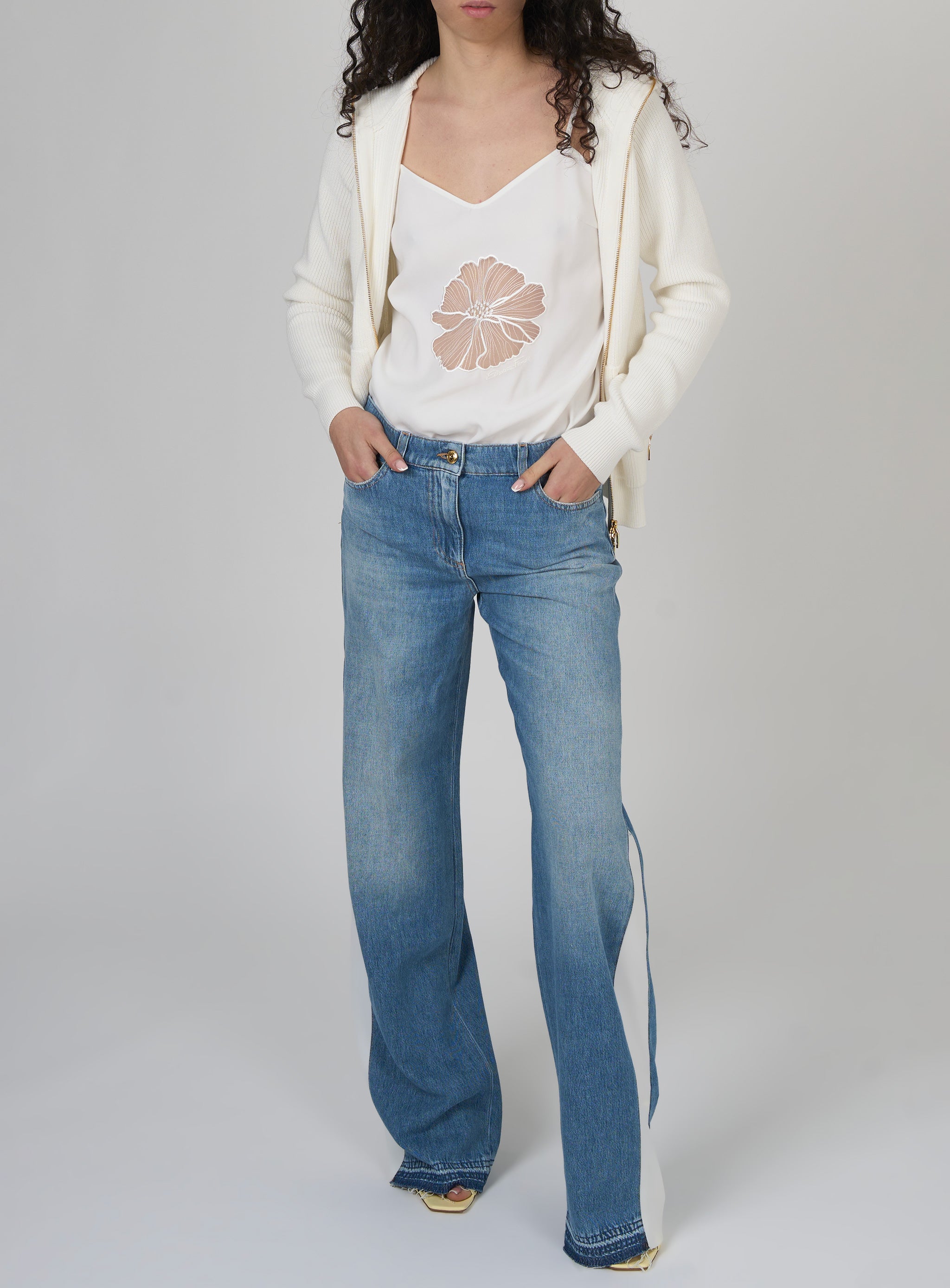 Tuta trompe - l'oeil in crepe e denim Bianco