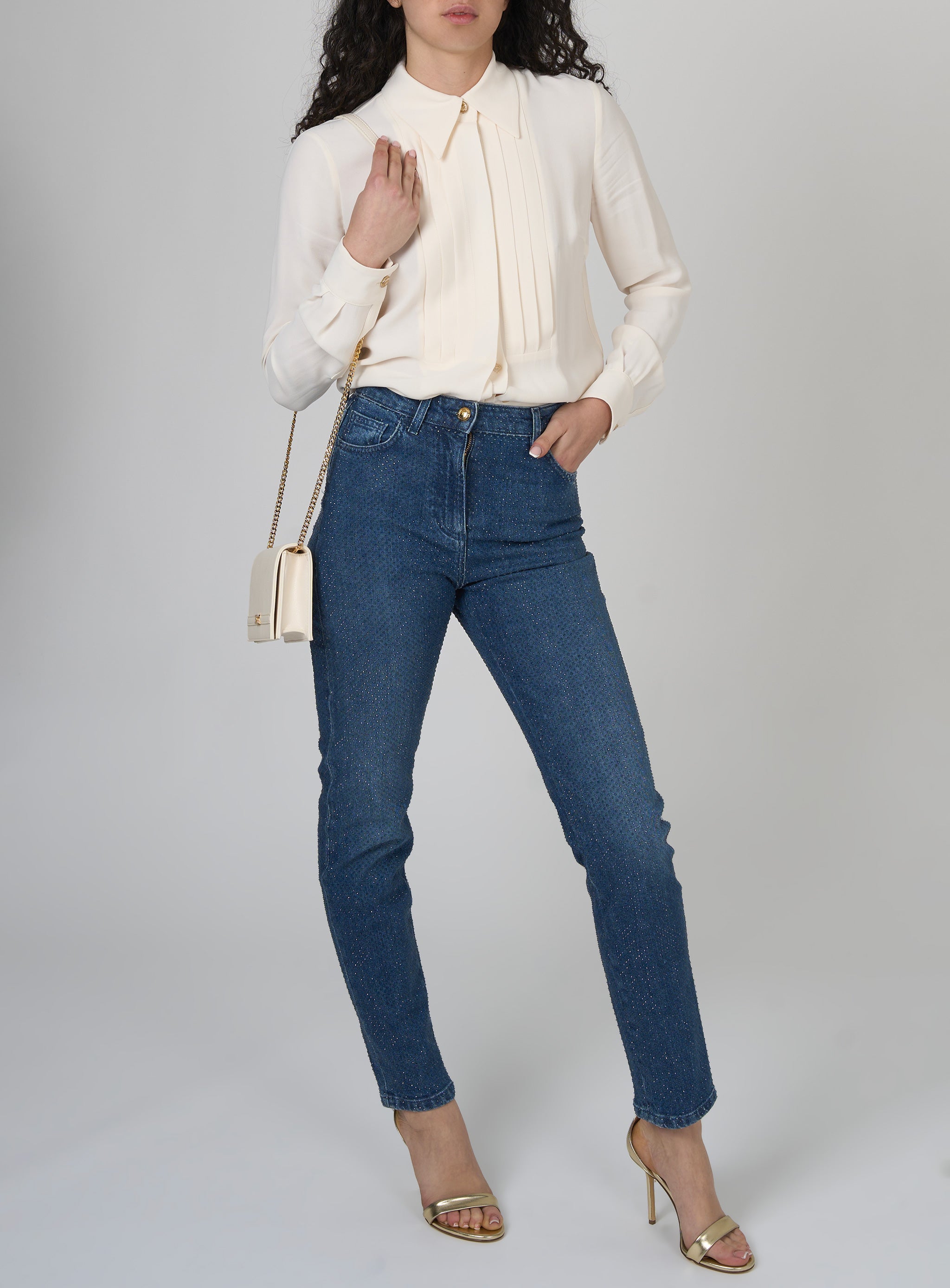Pantaloni in denim di cotone con strass Blu