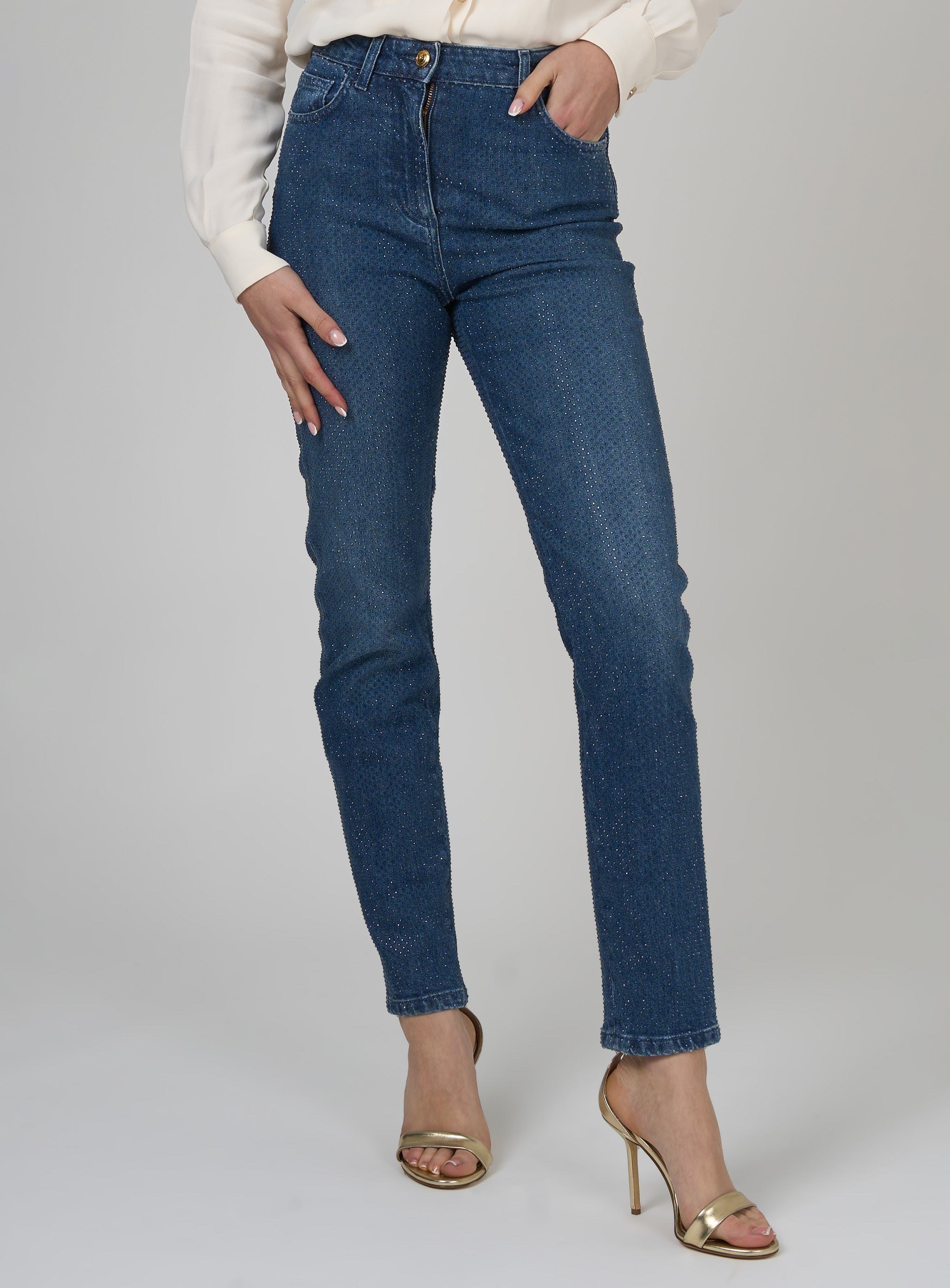 Pantaloni in denim di cotone con strass Blu