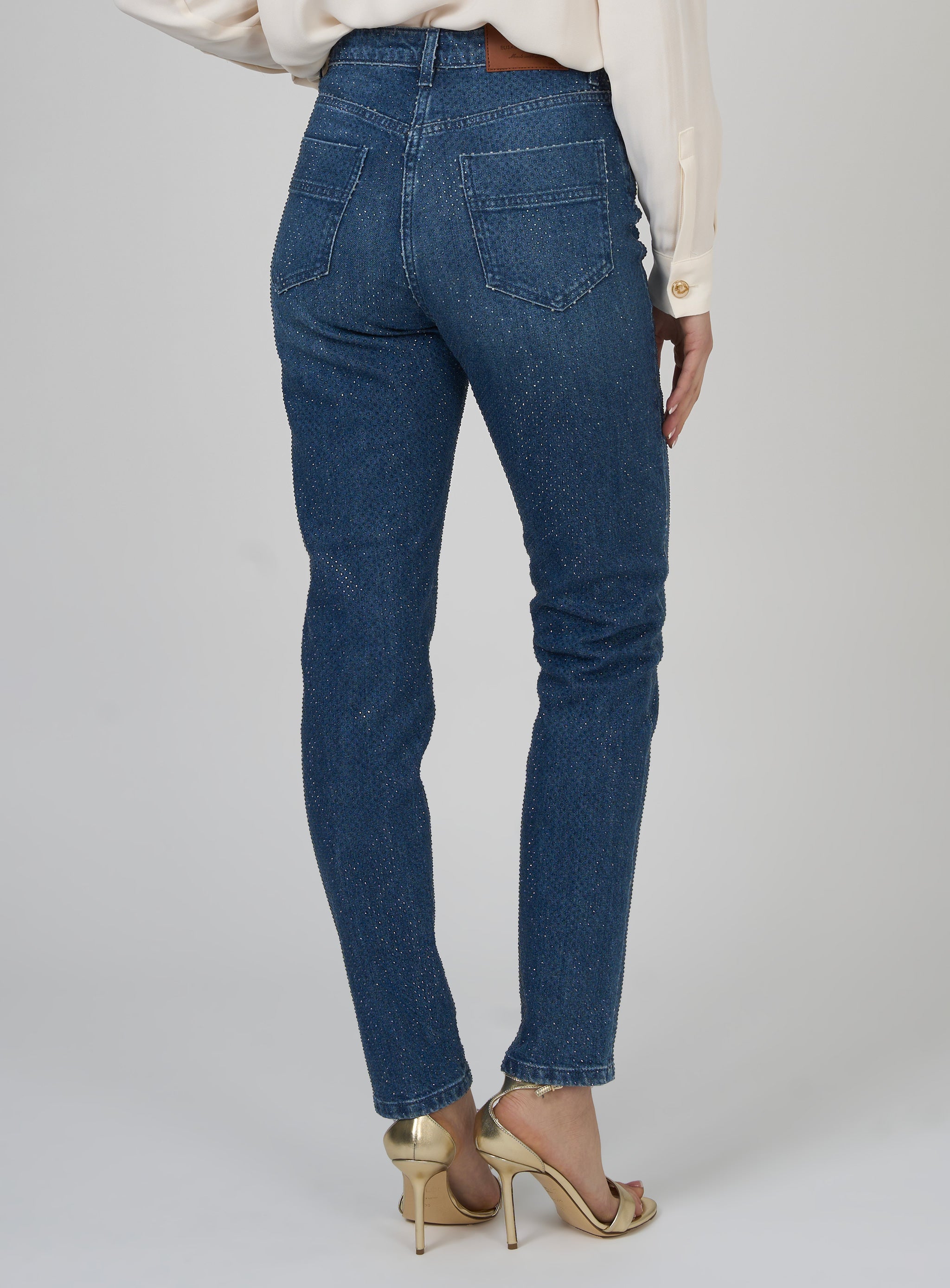 Pantaloni in denim di cotone con strass Blu