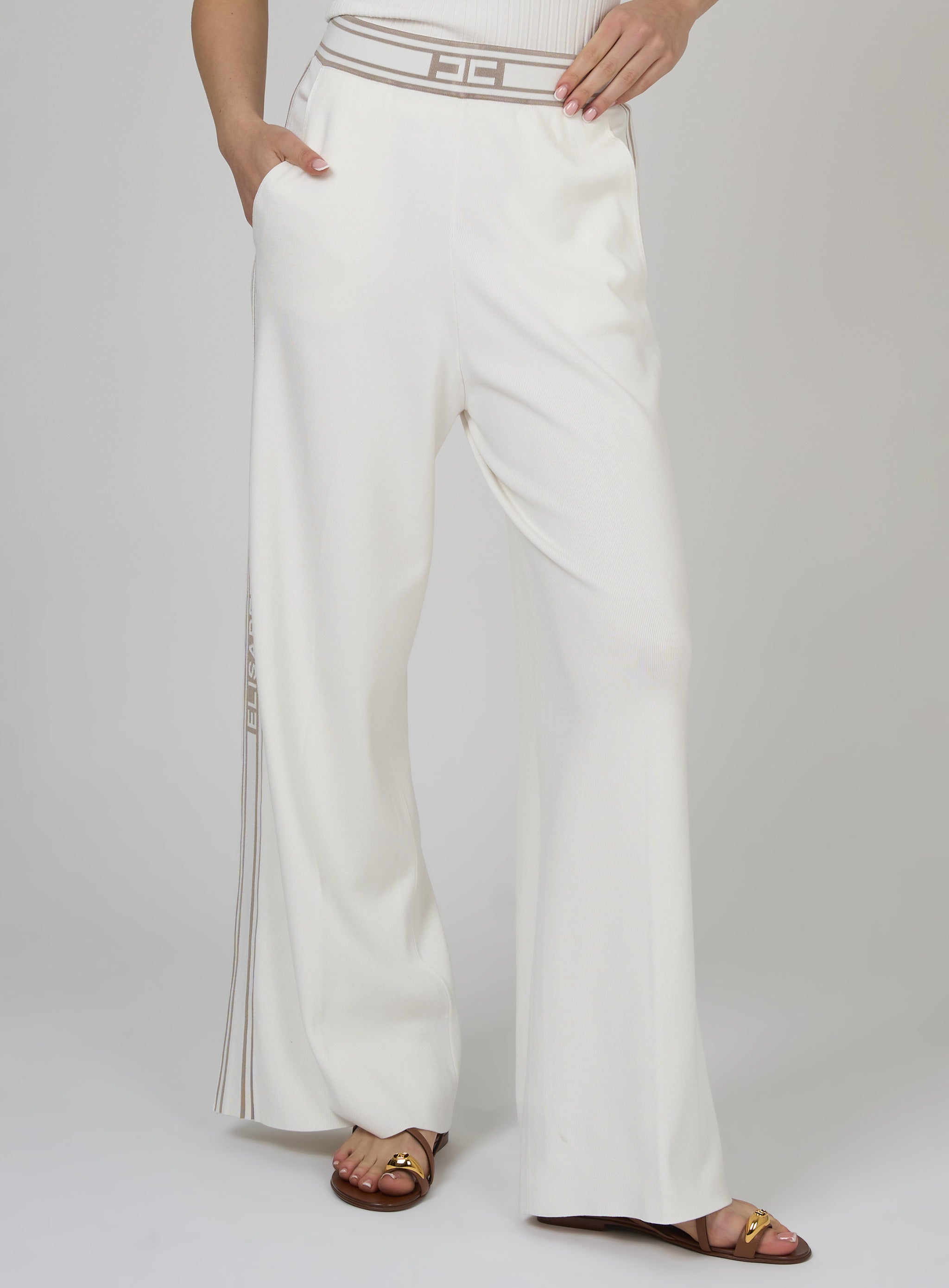 Pantaloni in viscosa con bande a contrasto Bianco