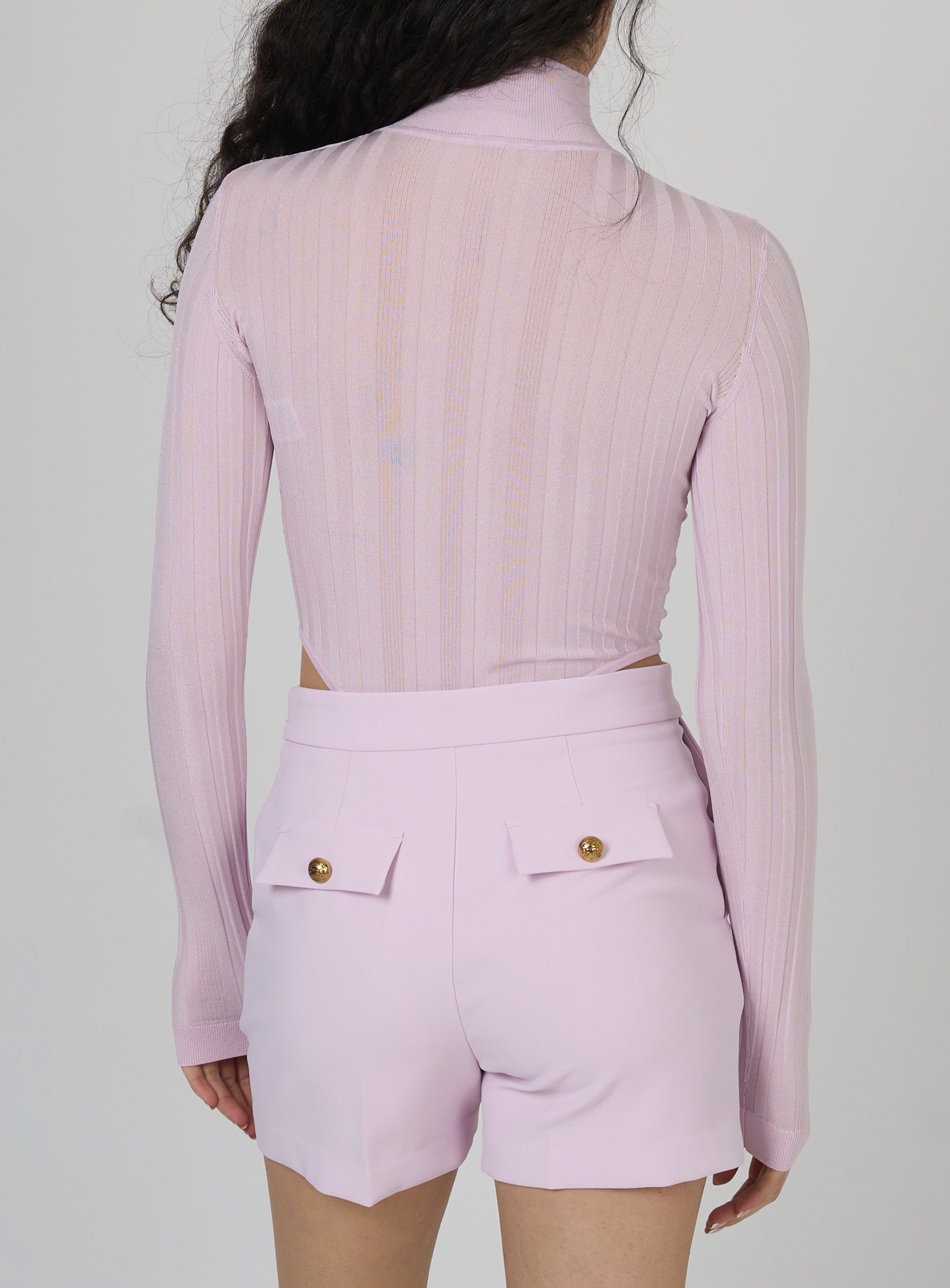 Body in cotone con trasparenze e collo alto Rosa