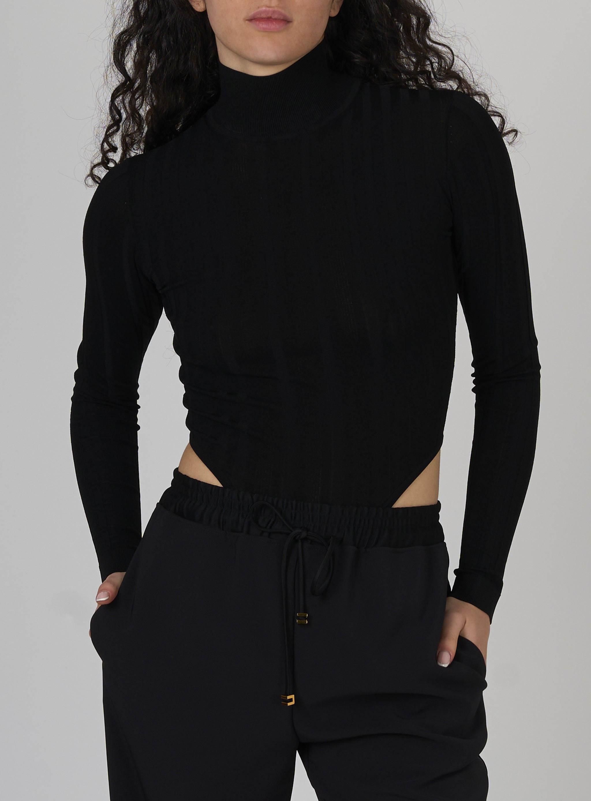 Body in cotone con trasparenze e collo alto Nero