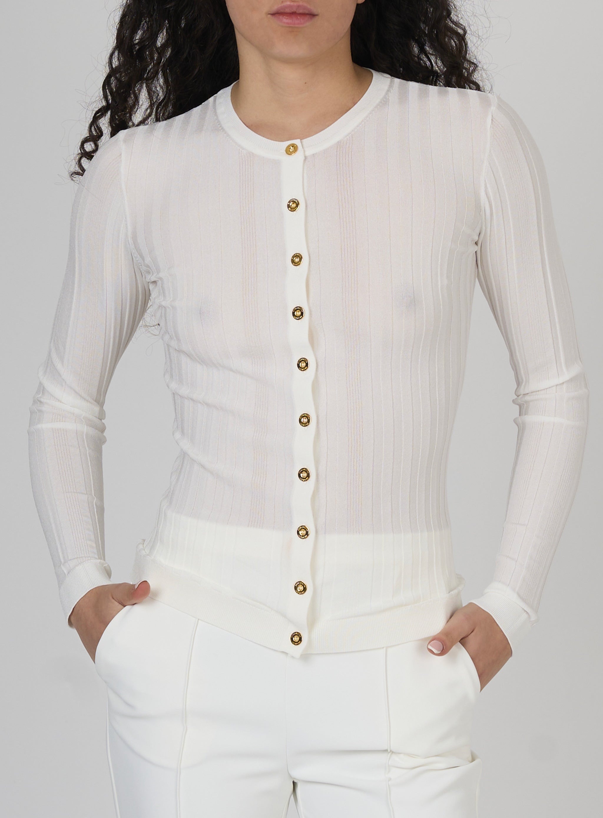 Cardigan in cotone con trasparenze e bottoni dorati Bianco