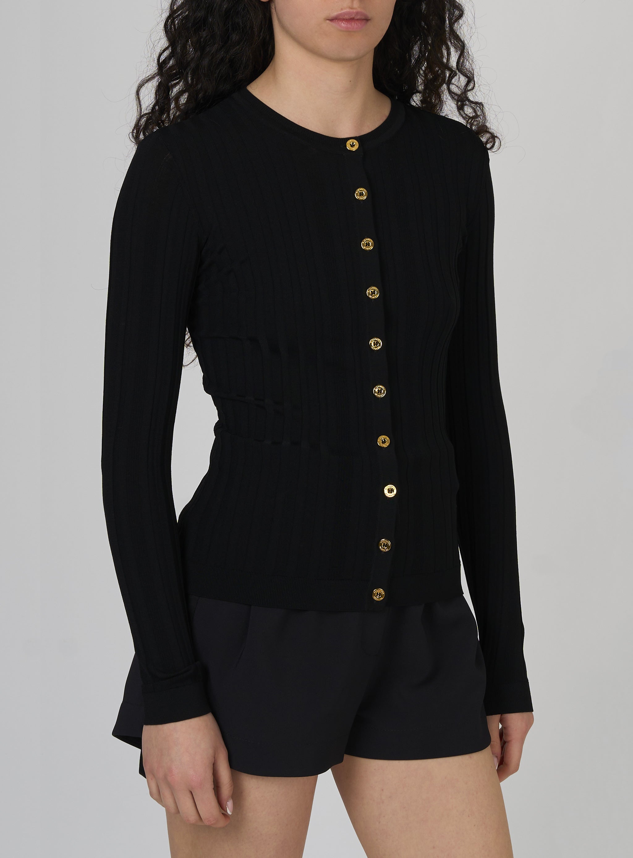 Cardigan in cotone con trasparenze e bottoni dorati Nero