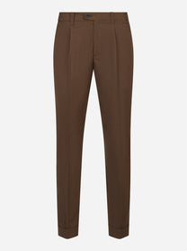 Pantalone regular fit con elastico in vita in fresco lana stretch marrone