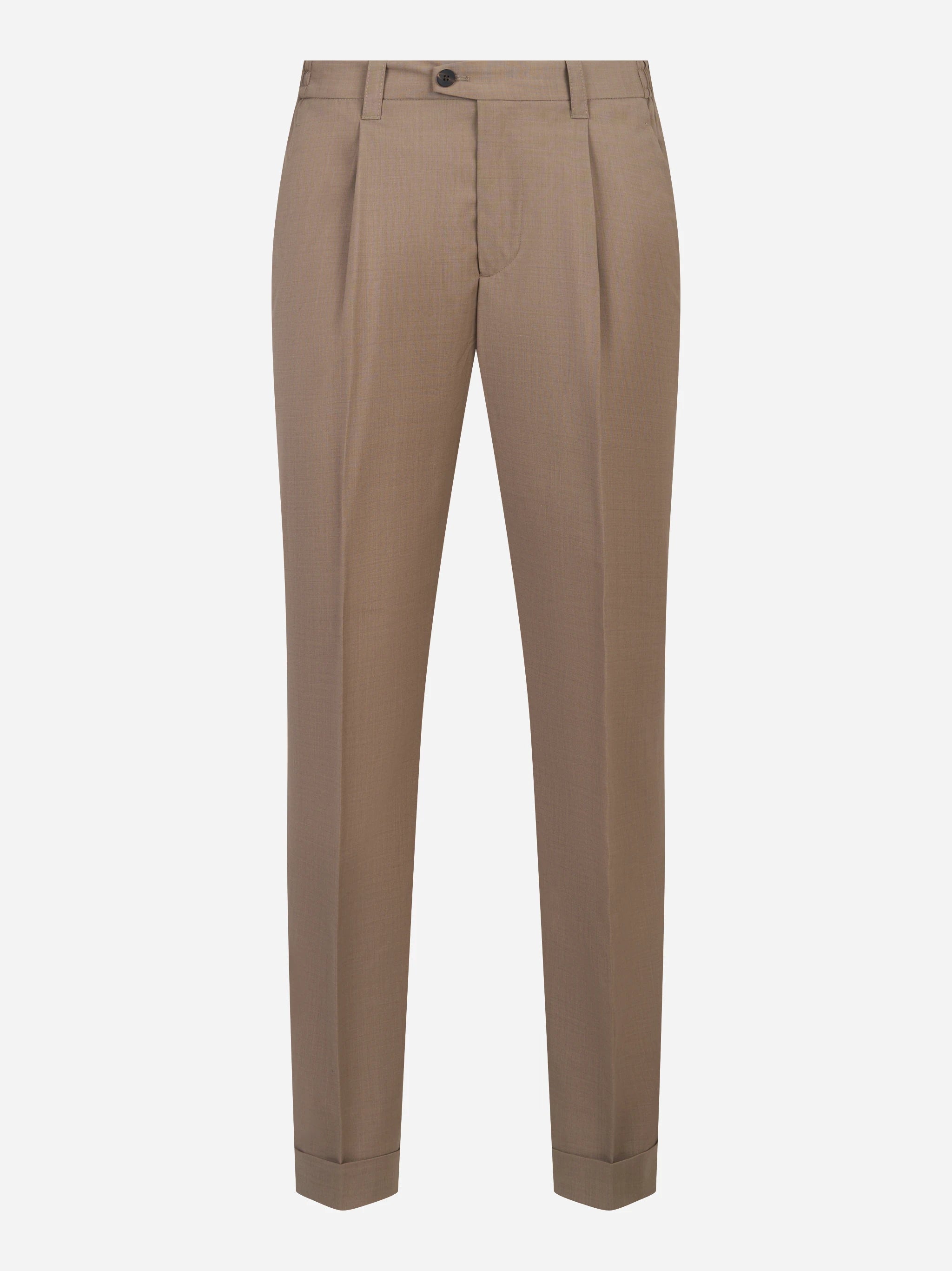 Pantalone regular fit con elastico in vita in fresco lana stretch beige
