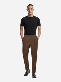 Pantalone regular fit con elastico in vita in fresco lana stretch marrone