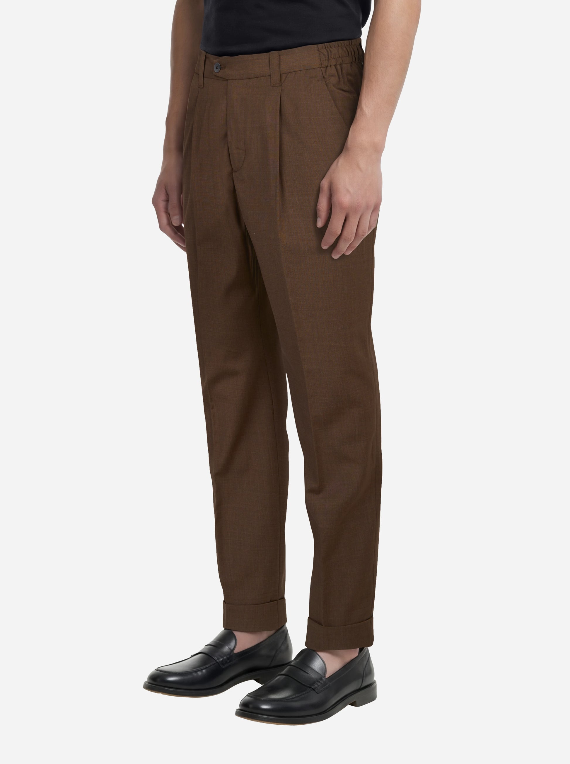 Pantalone regular fit con elastico in vita in fresco lana stretch marrone