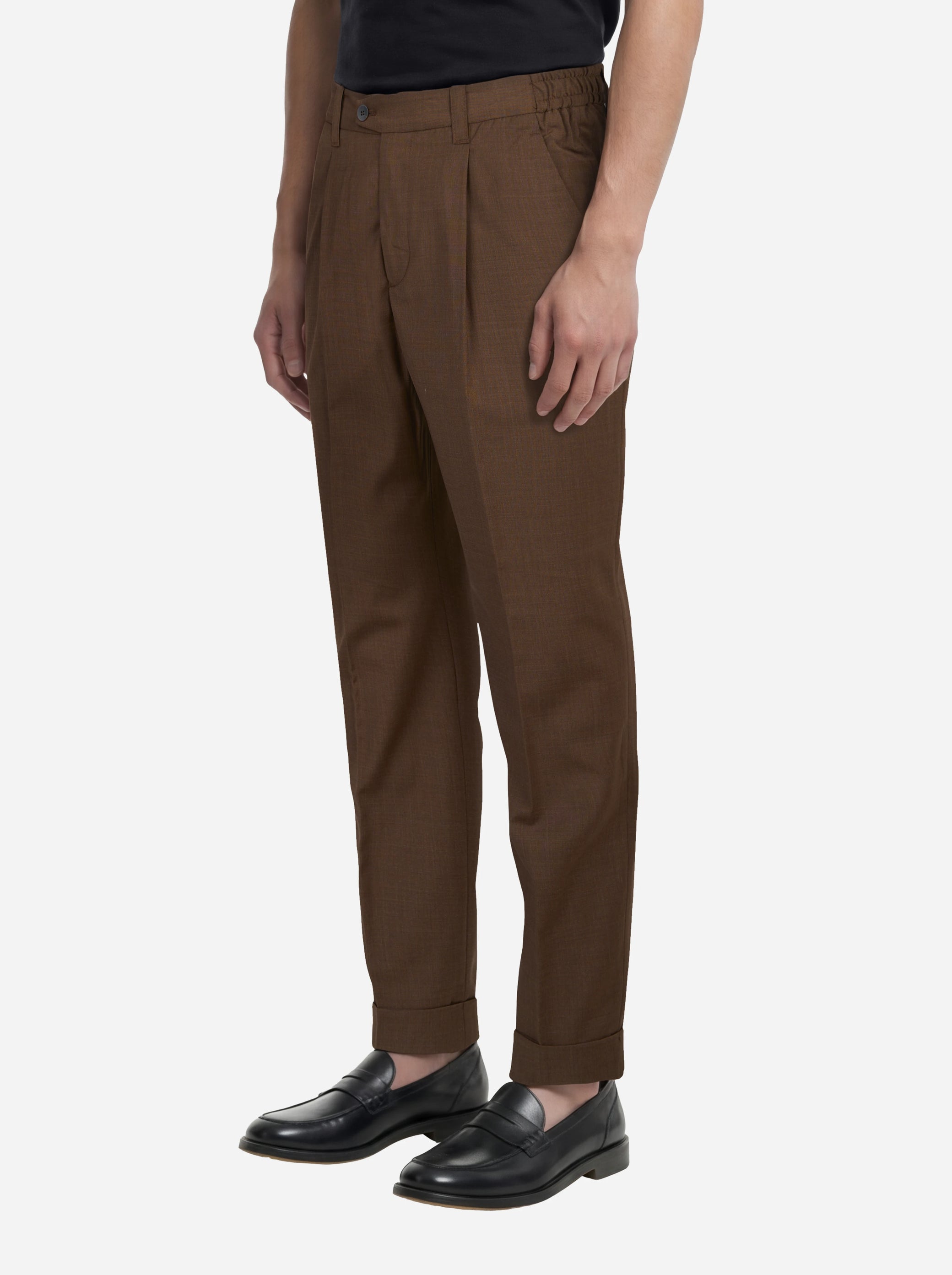 Pantalone regular fit con elastico in vita in fresco lana stretch marrone