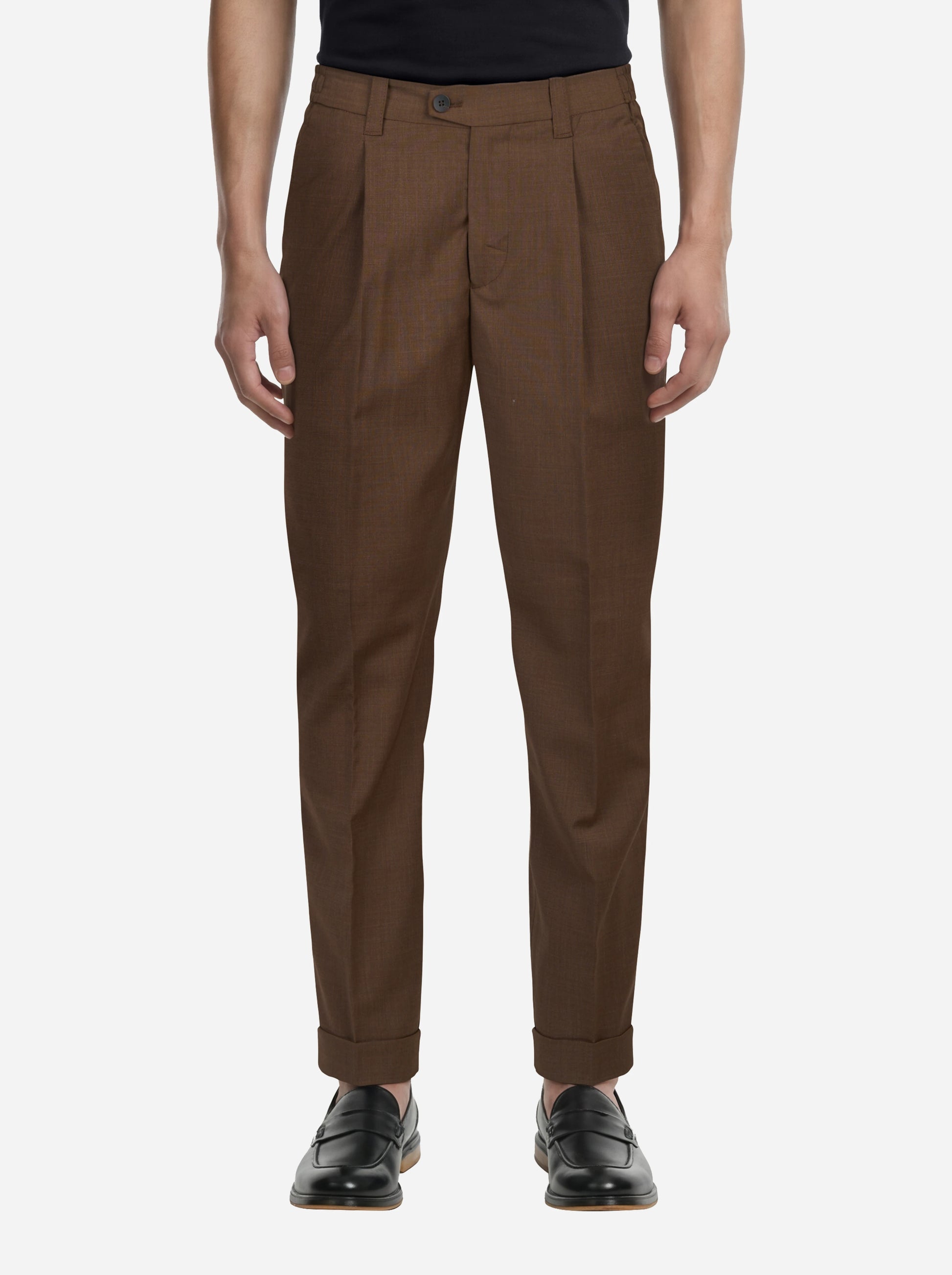 Pantalone regular fit con elastico in vita in fresco lana stretch marrone