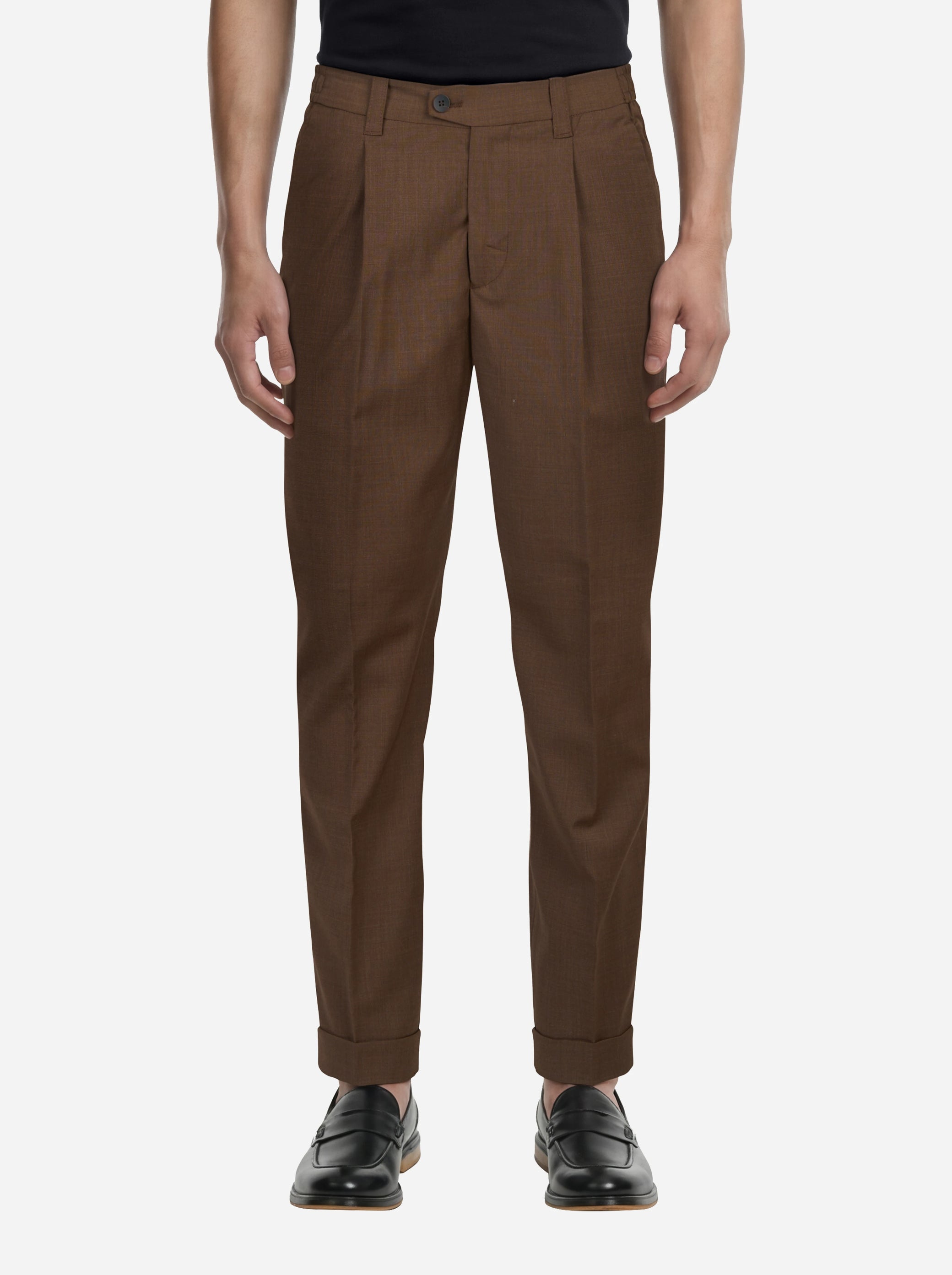 Pantalone regular fit con elastico in vita in fresco lana stretch marrone