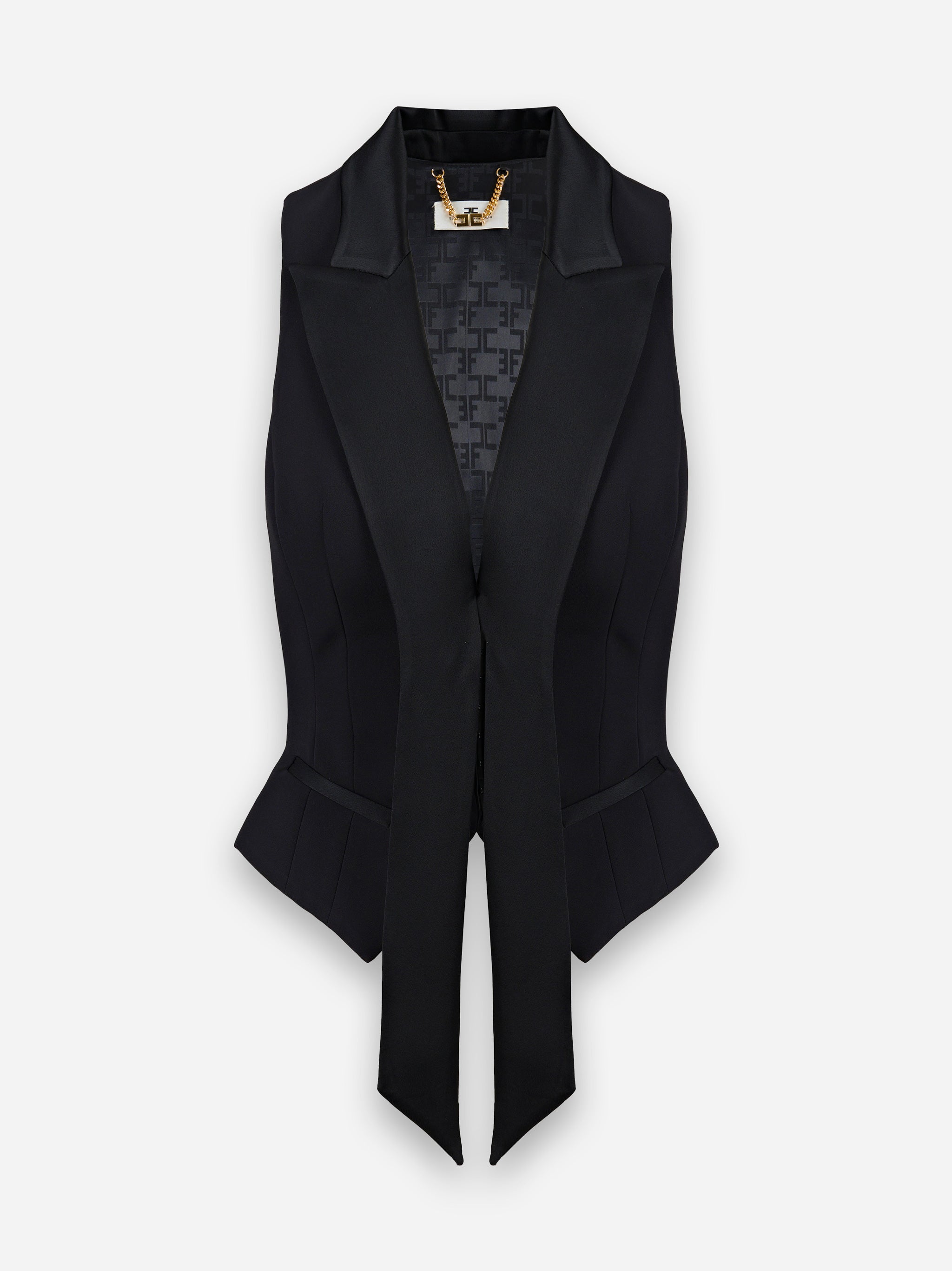 Gilet smoking in crepe con rever in raso Nero
