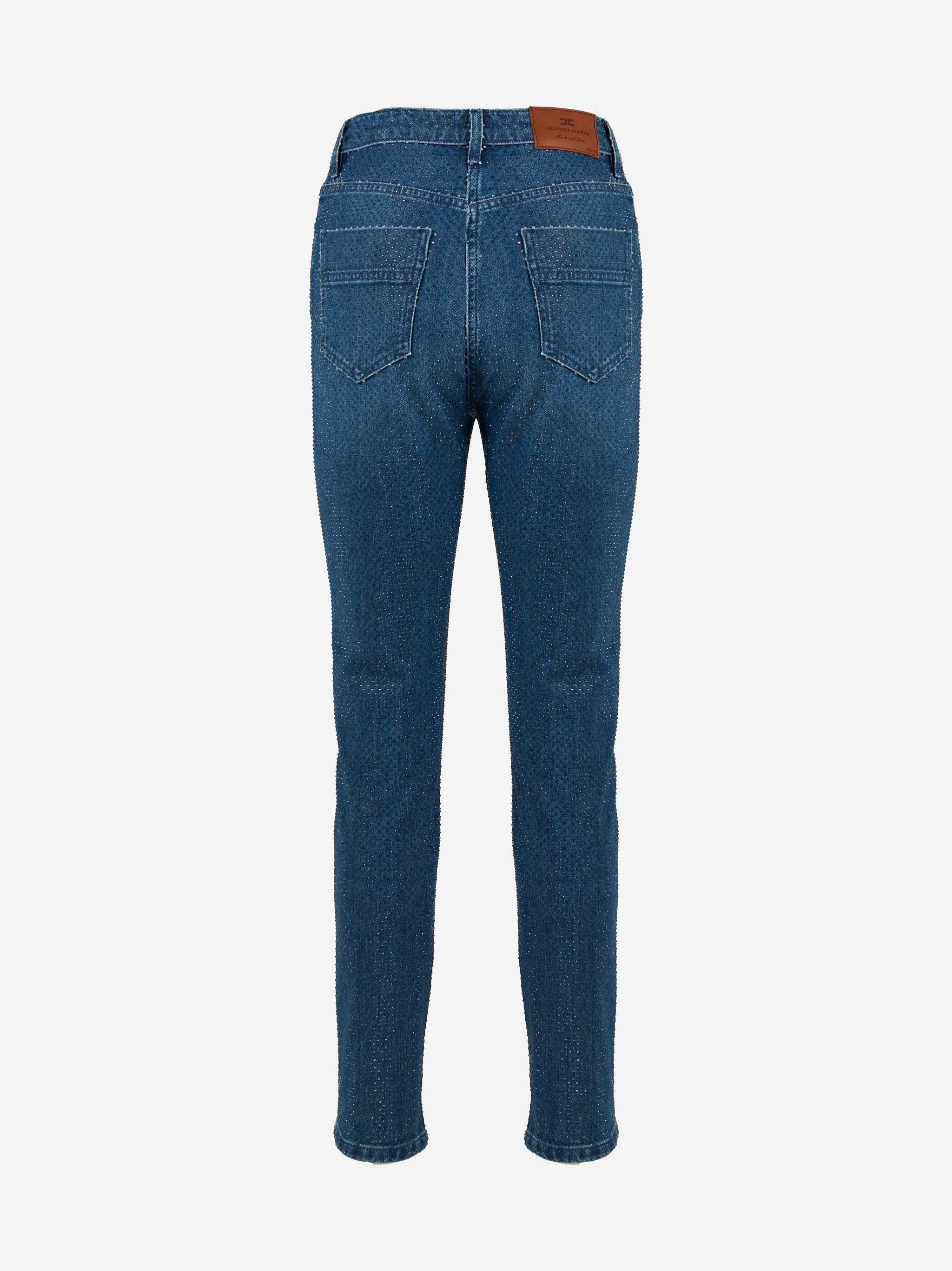 Pantaloni in denim di cotone con strass Blu
