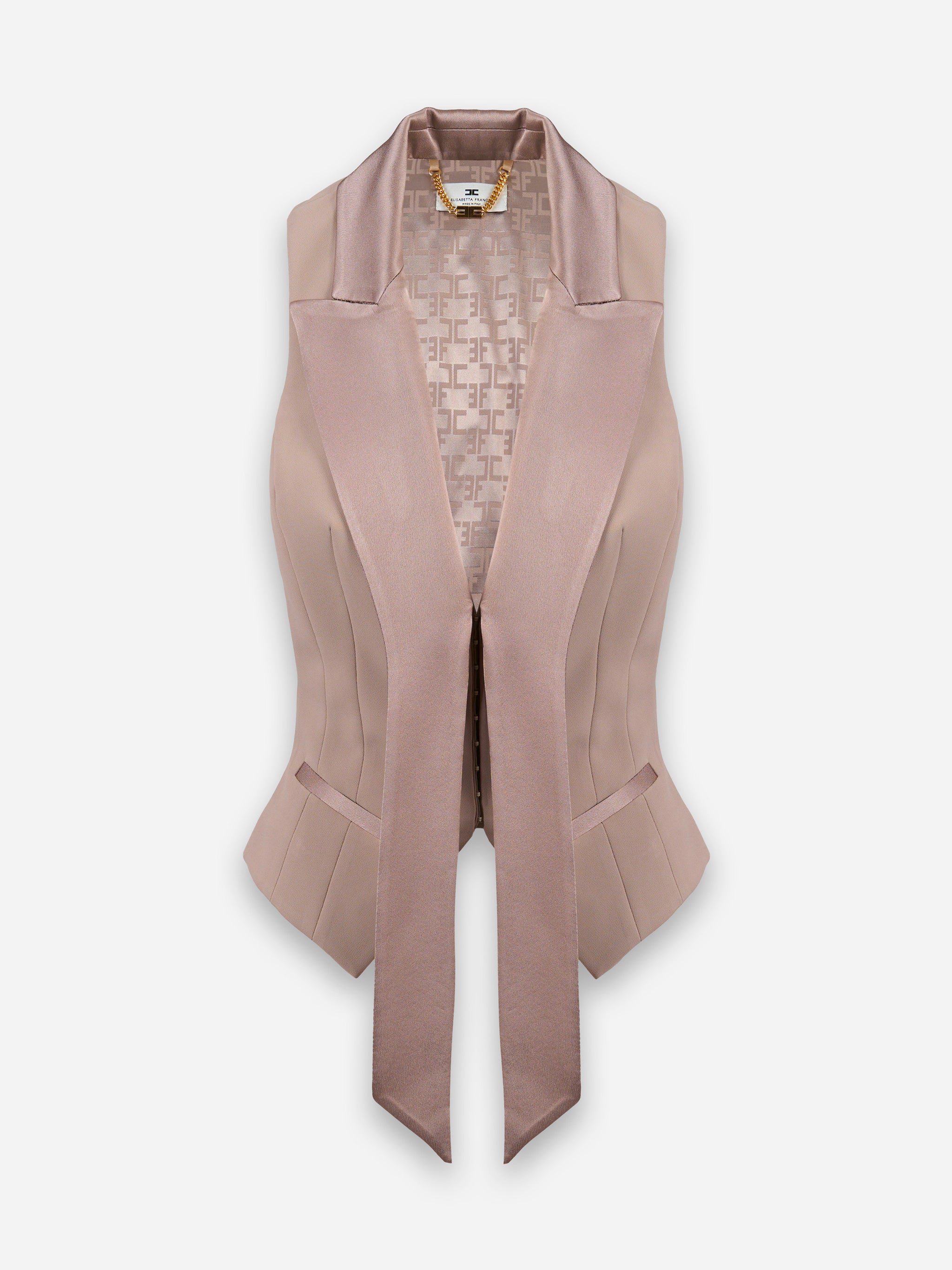 Gilet smoking in crepe con rever in raso Beige