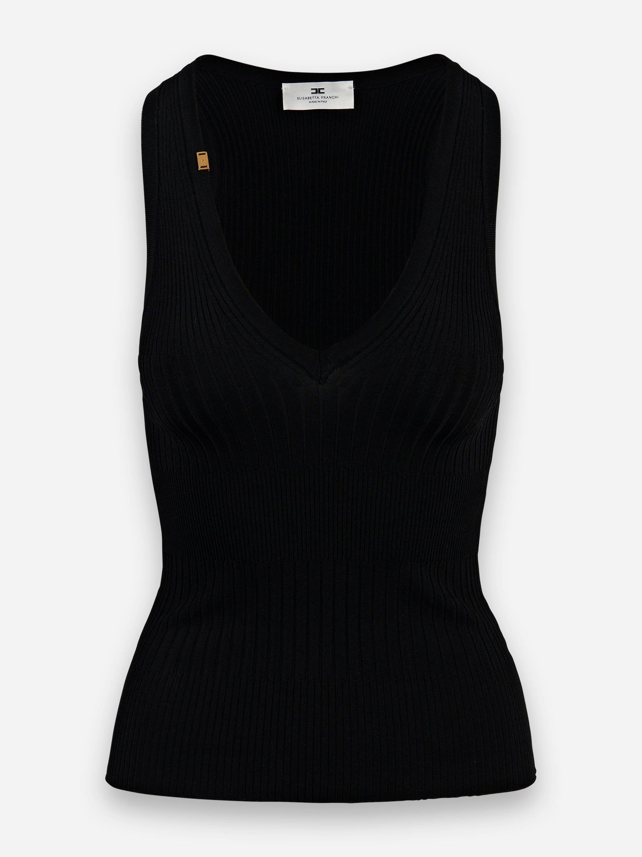 Top a coste con scollo a V Nero