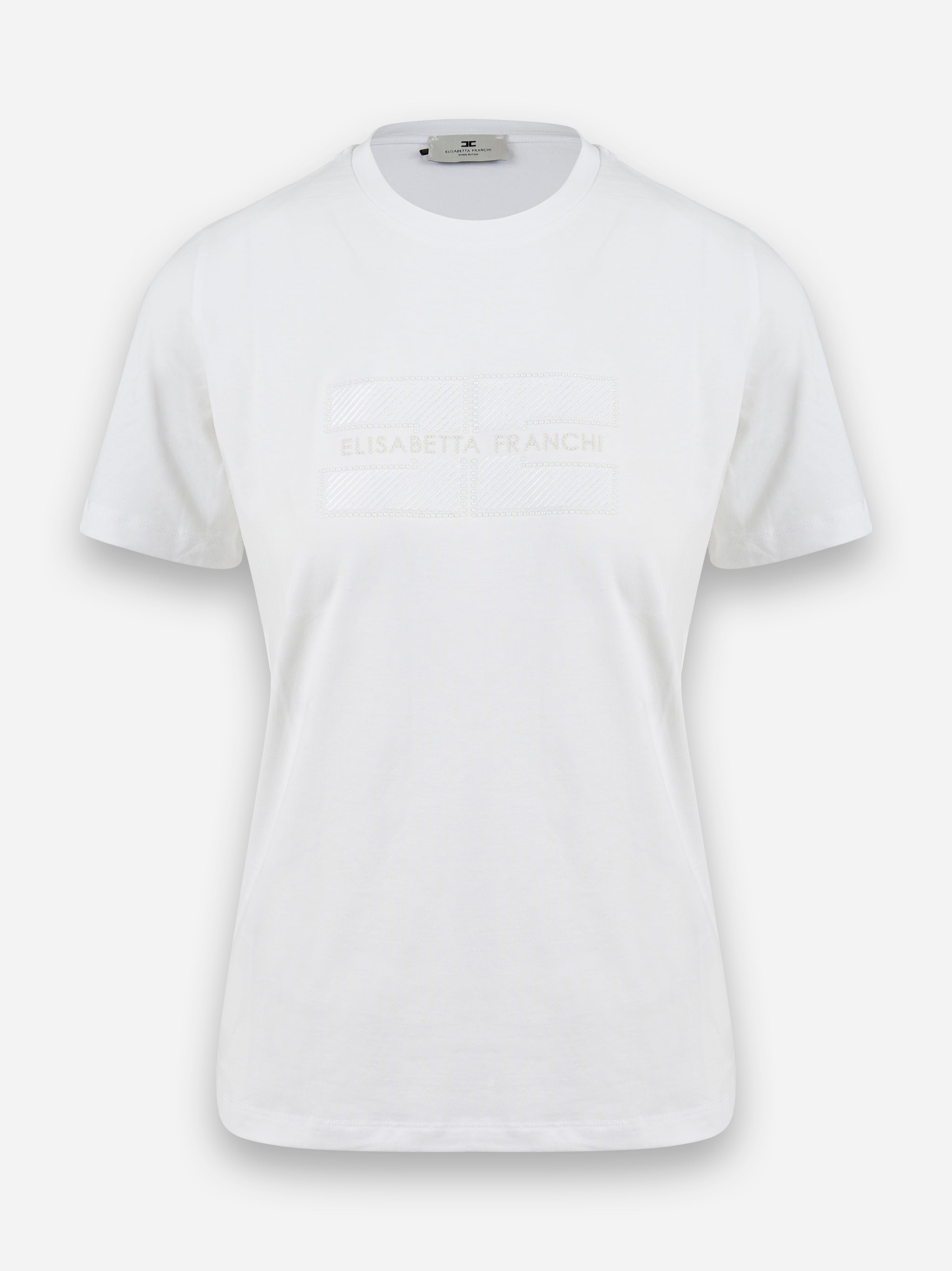 T-shirt in jersey con logo ricamato e strass Bianco