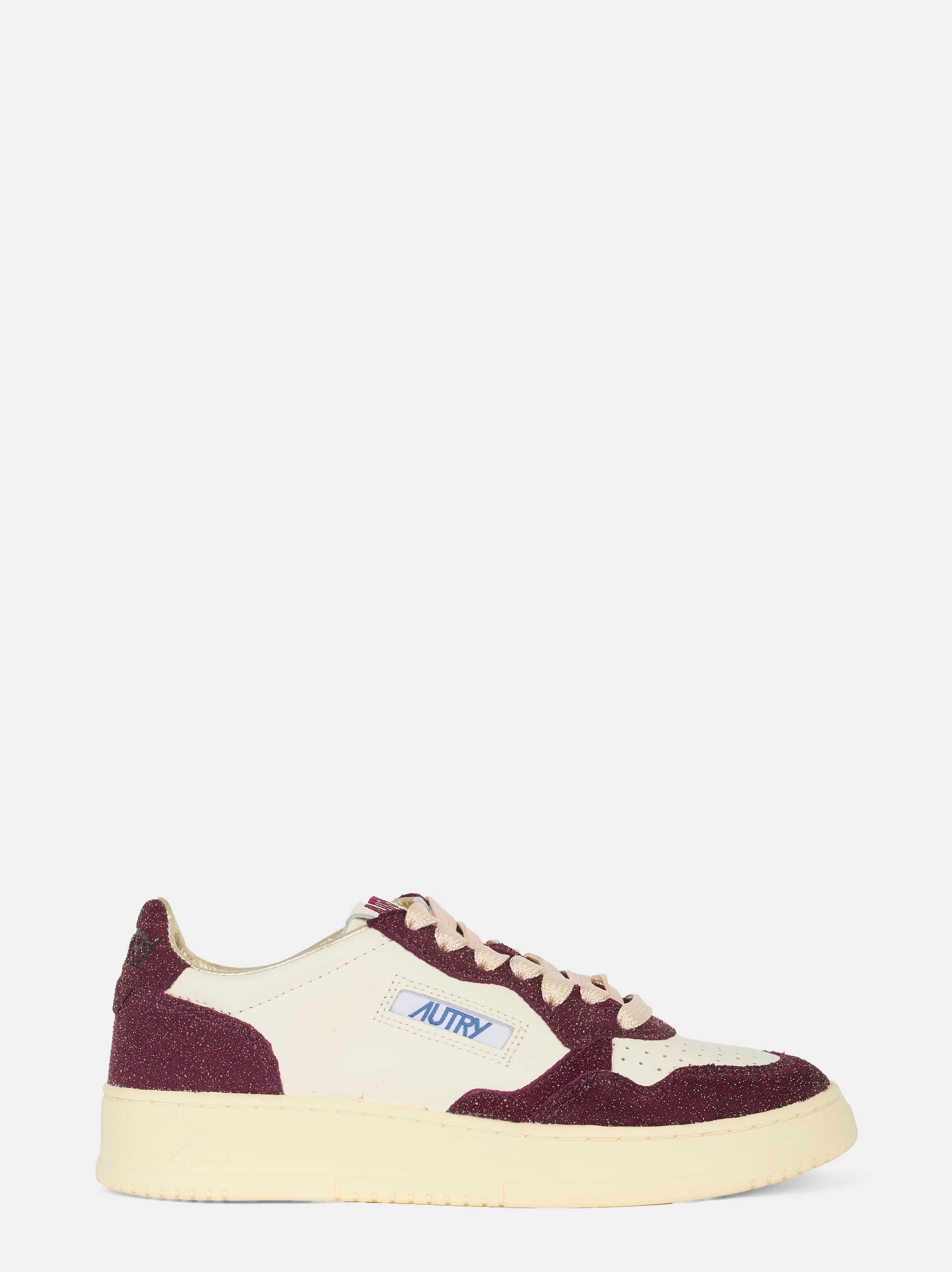 Sneakers medalist low in pelle bianca e glitter bordeaux