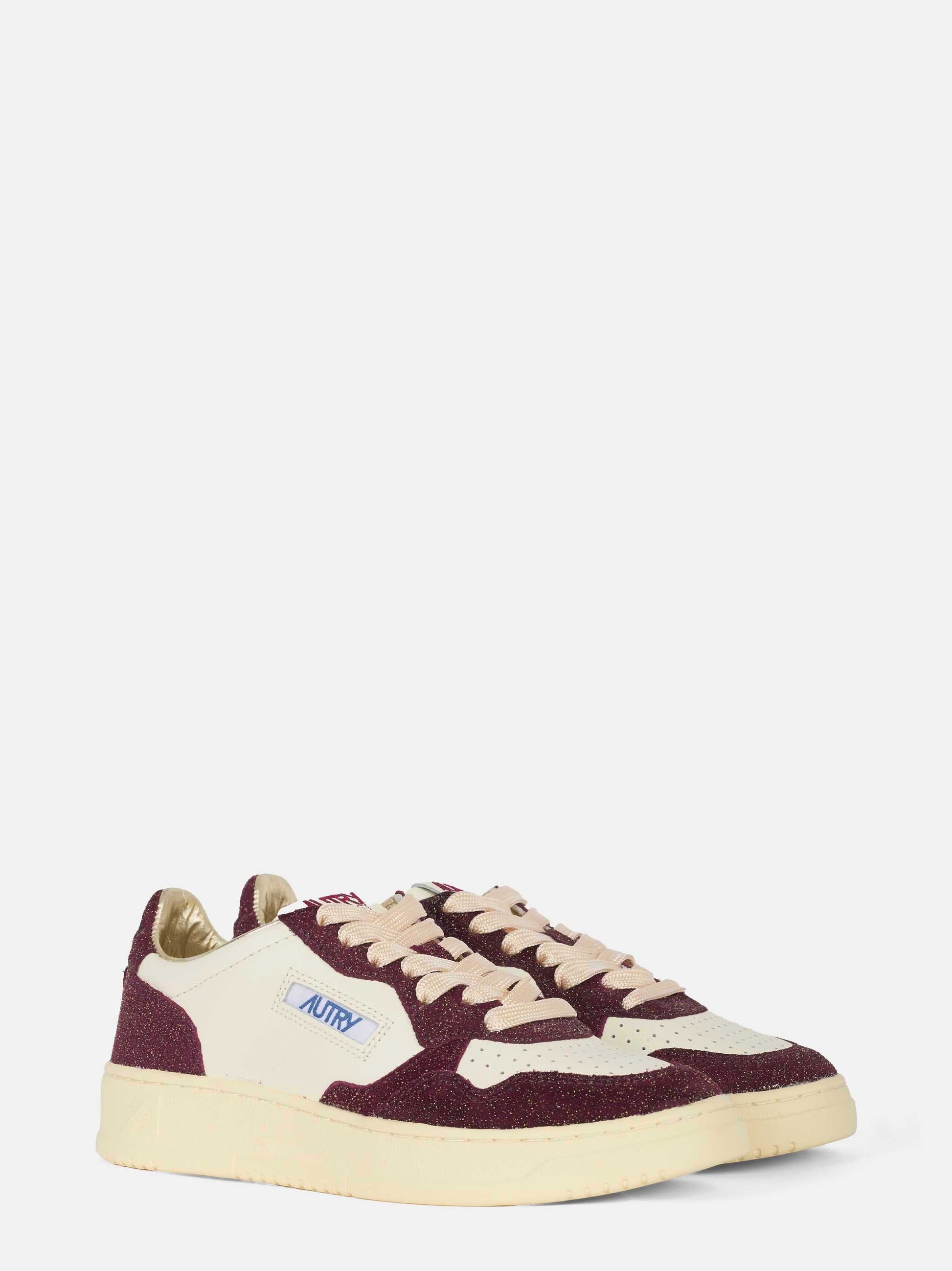 Sneakers medalist low in pelle bianca e glitter bordeaux