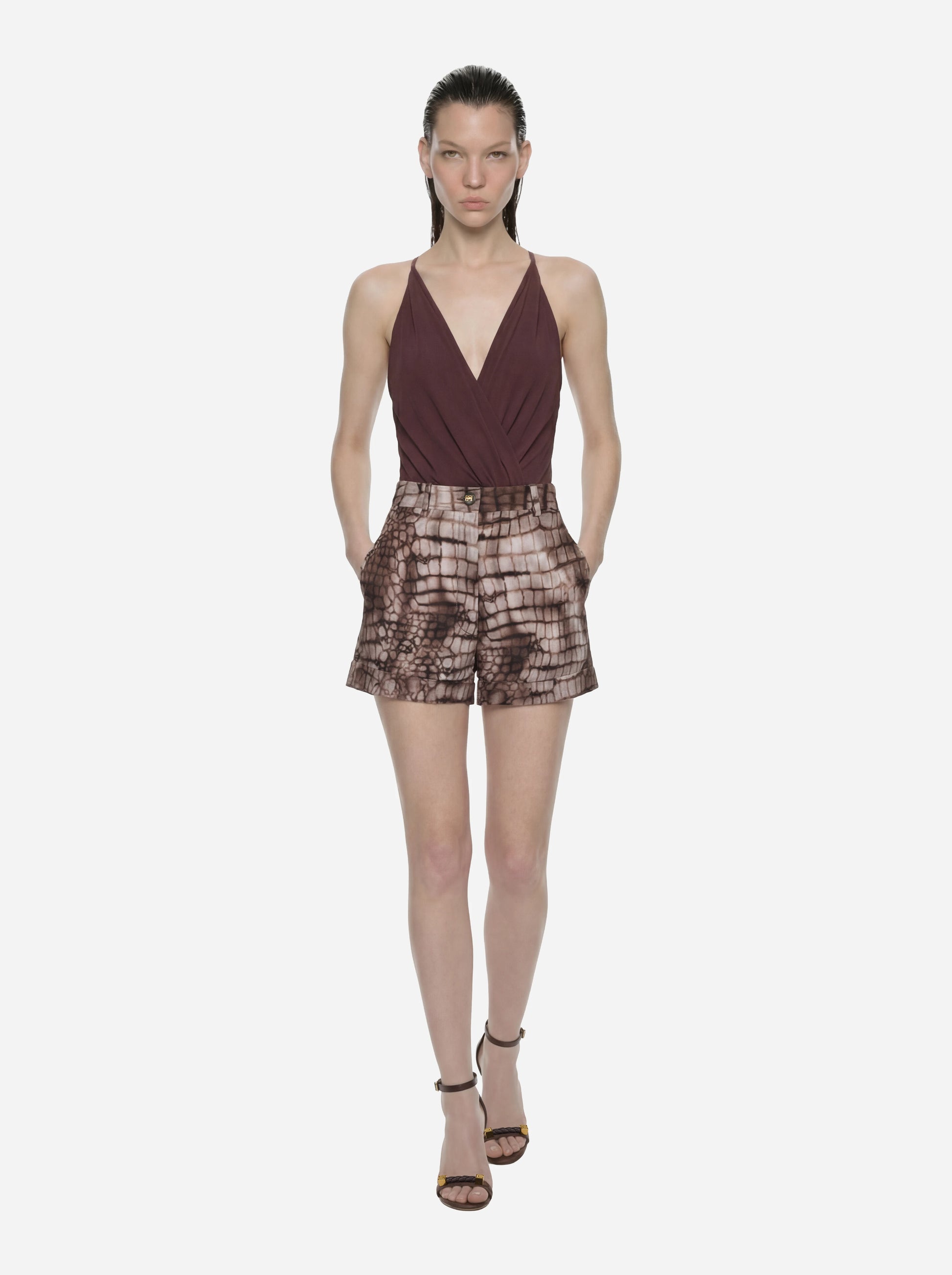 Body in georgette di viscosa marrone