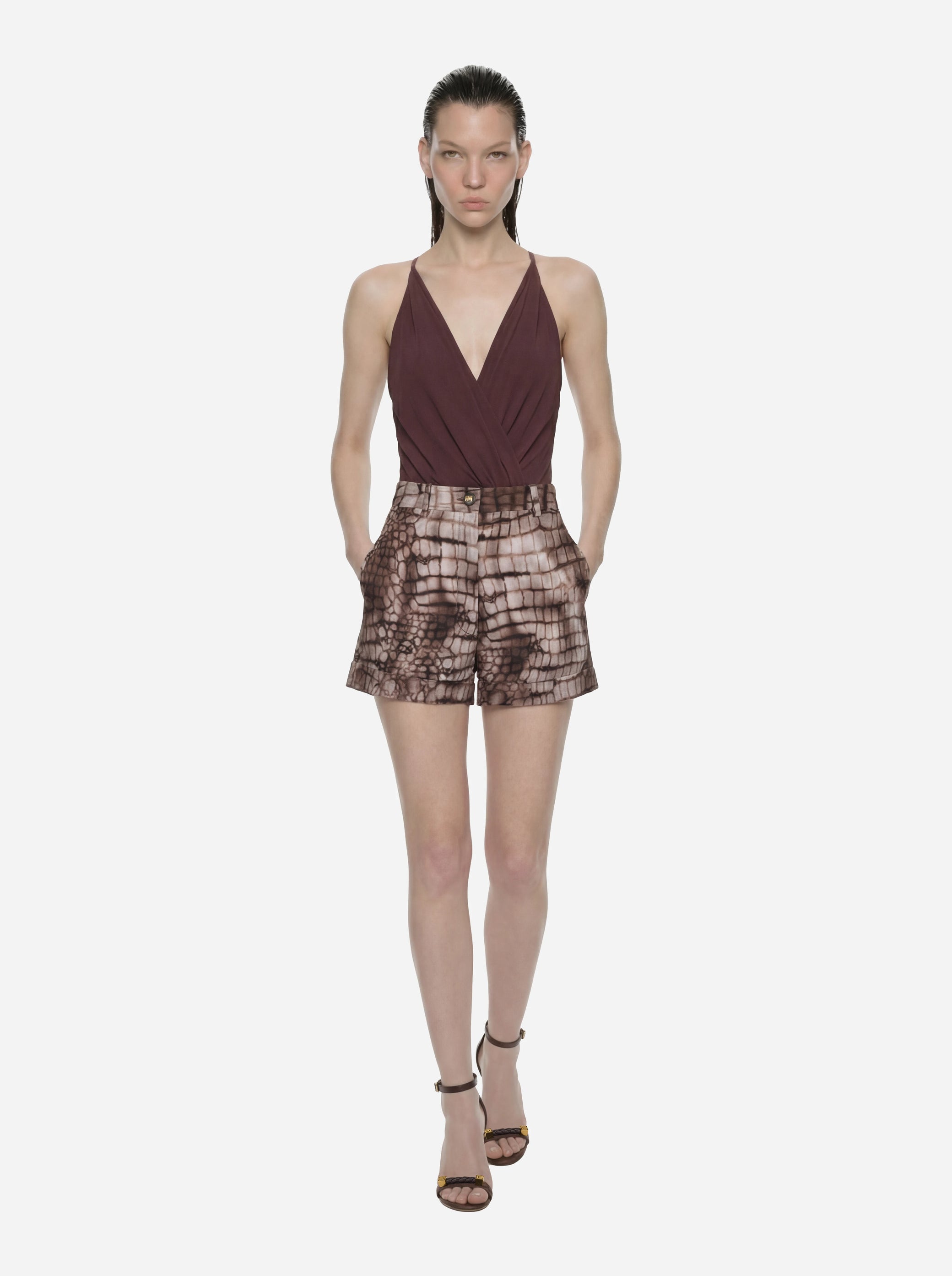 Body in georgette di viscosa marrone