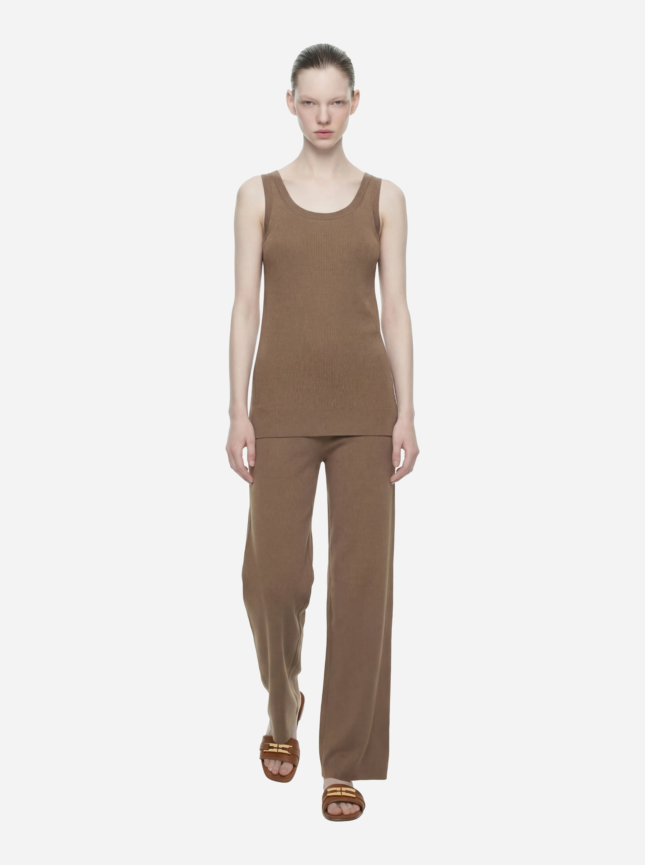 Top in maglia beige con bande in viscosa lucida