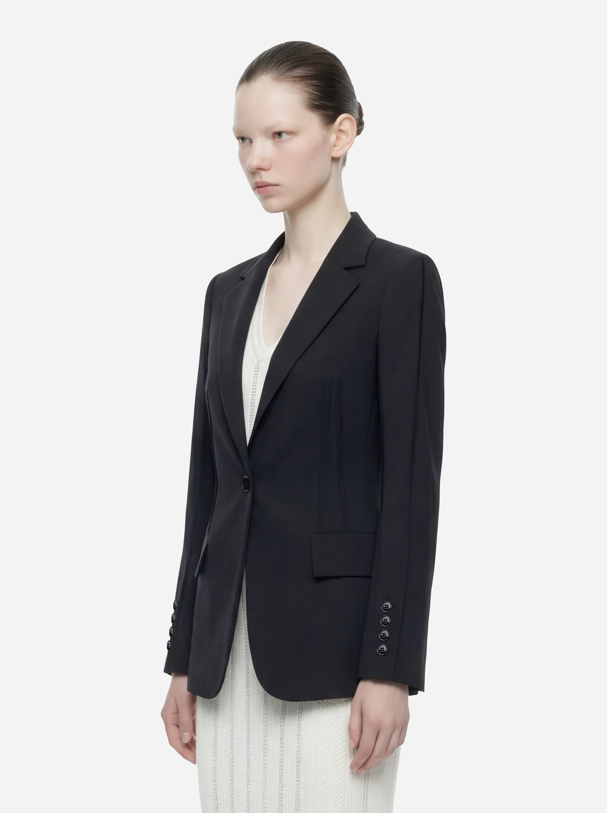 Blazer nero in doppio crepe stretch con motivi a taglio vivo