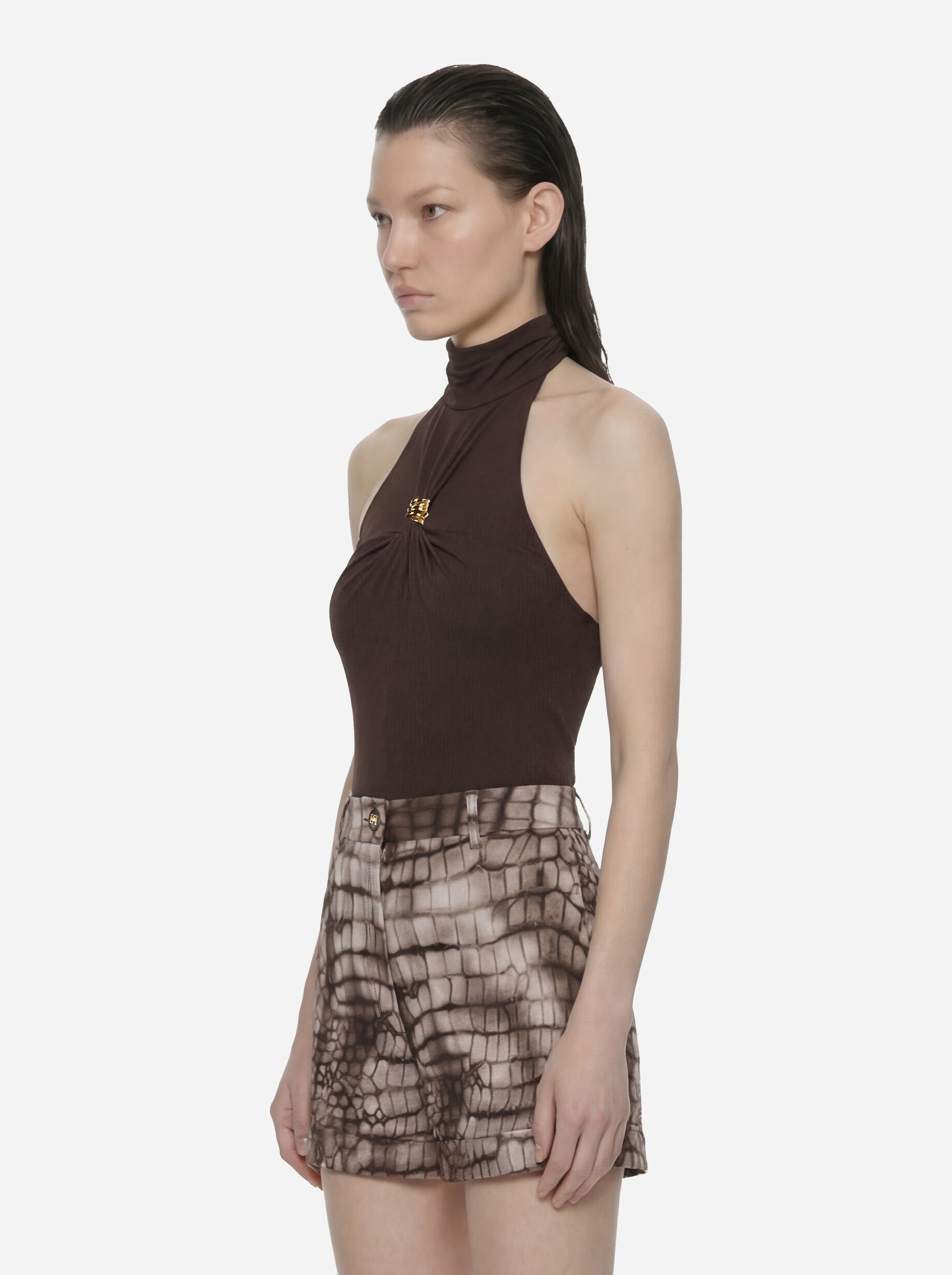 Body in jersey marrone crepe con dettaglio gioiello