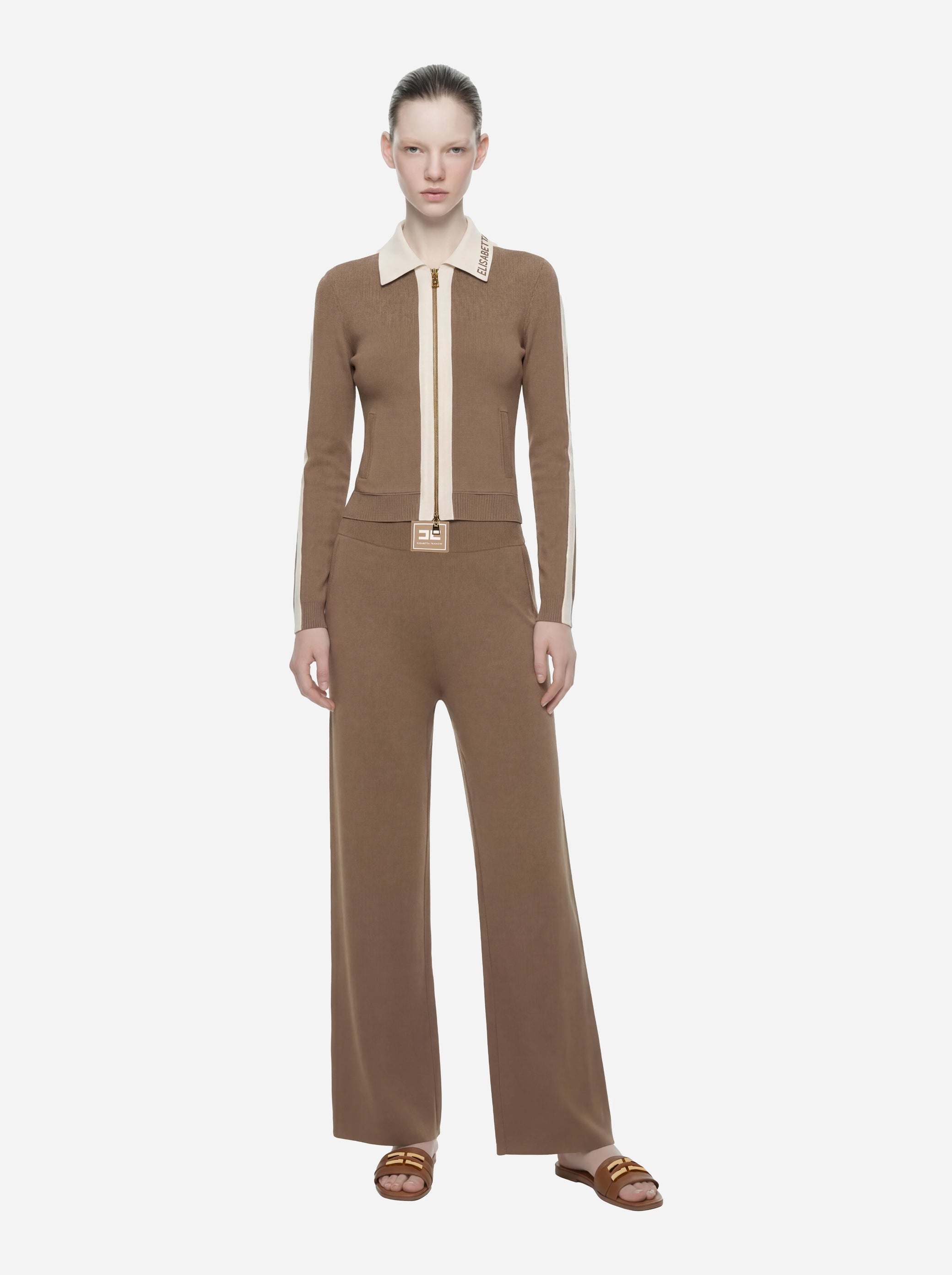 Giacca in maglia beige con bande in viscosa lucida