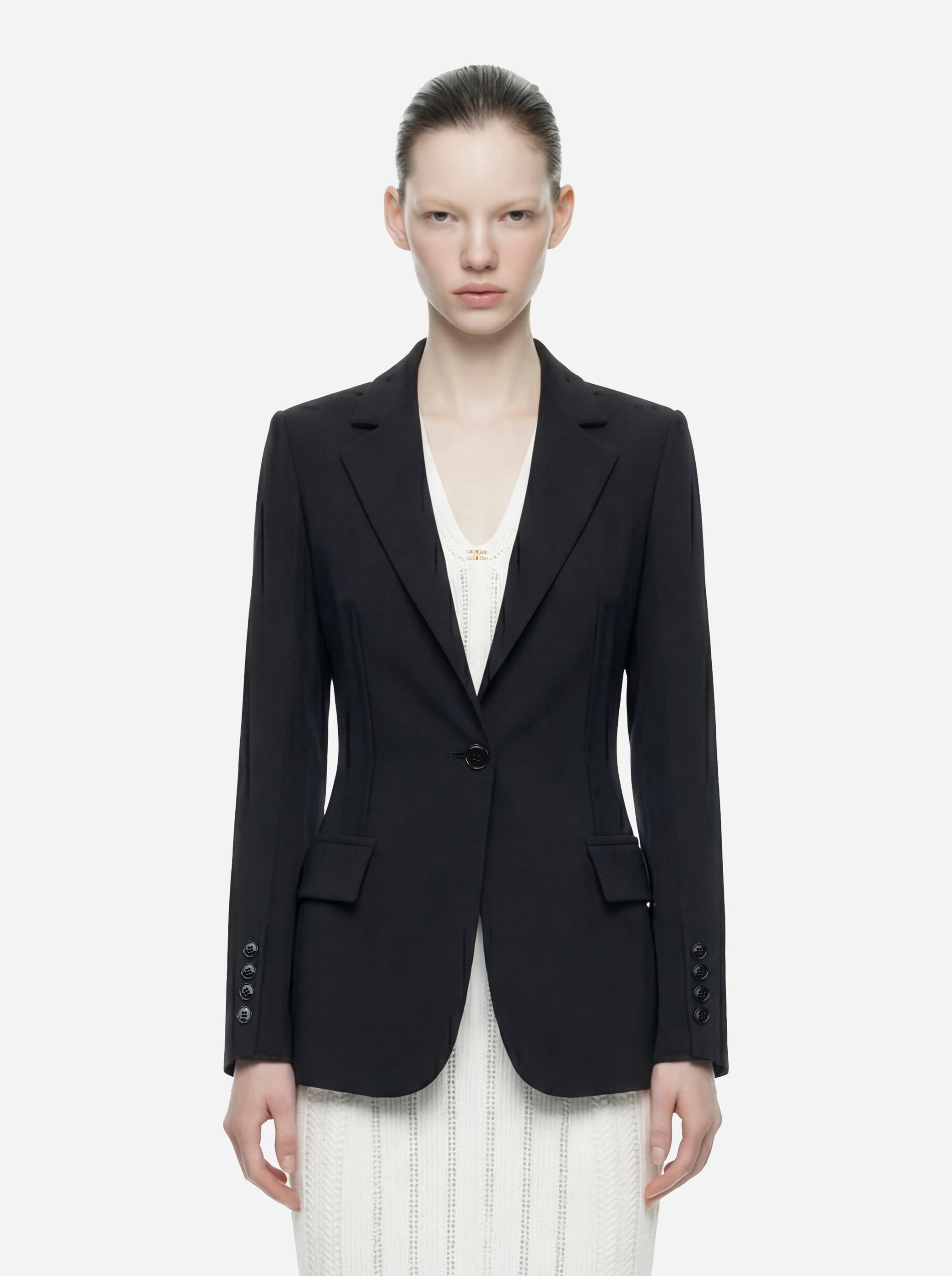 Blazer nero in doppio crepe stretch con motivi a taglio vivo