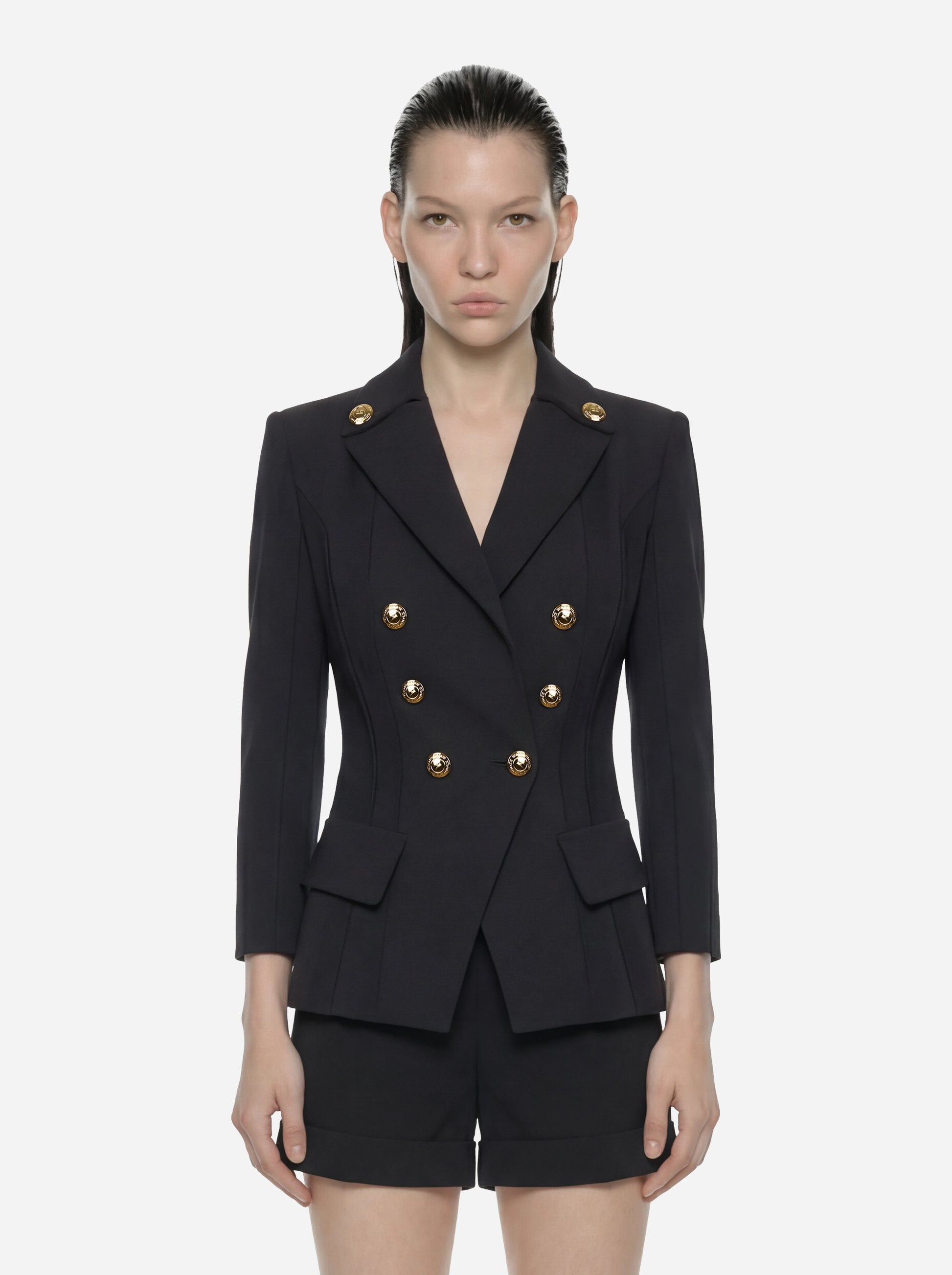 Blazer nero in doppio crêpe stretch con motivi a taglio vivo