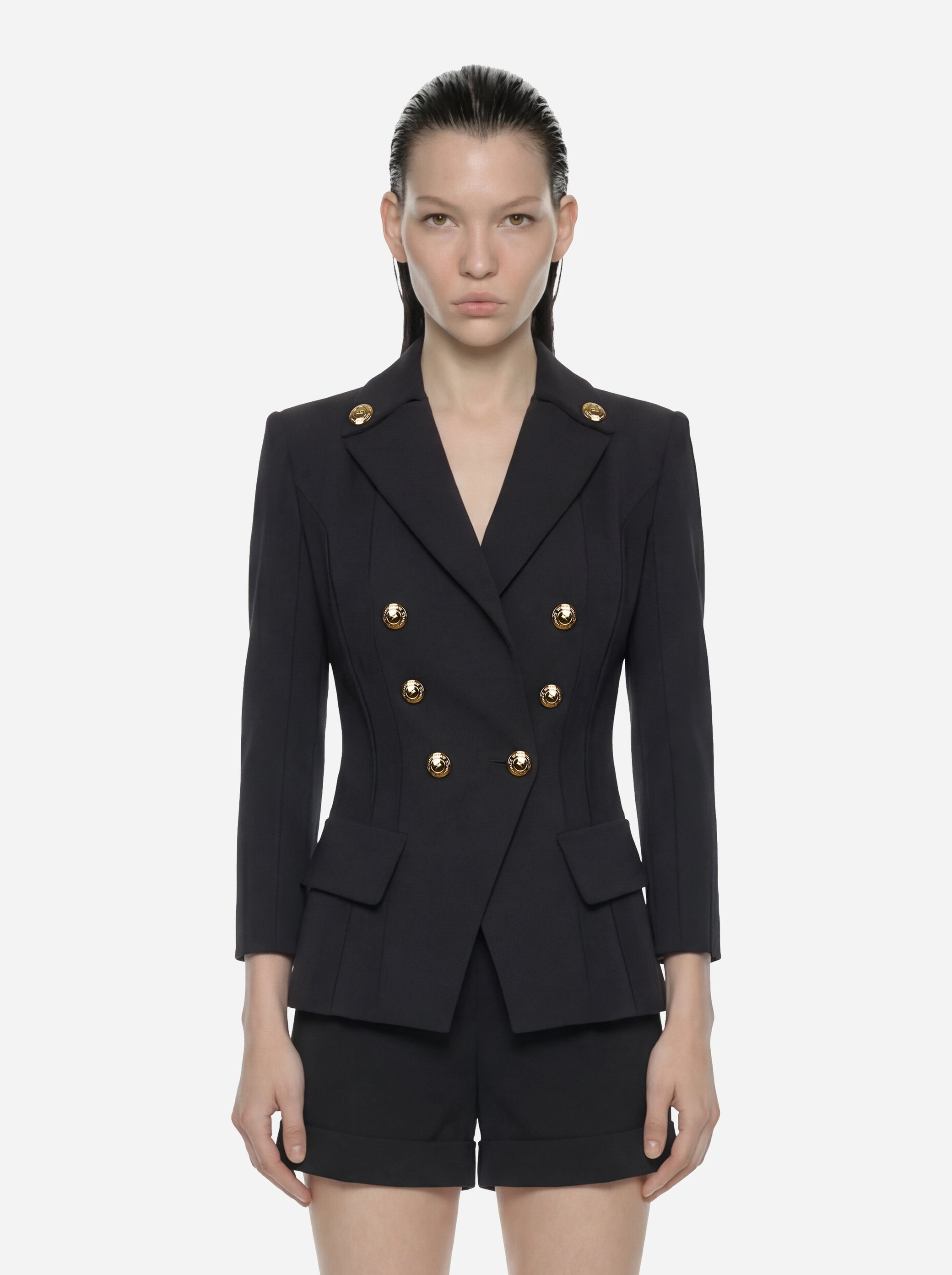 Blazer nero in doppio crêpe stretch con motivi a taglio vivo