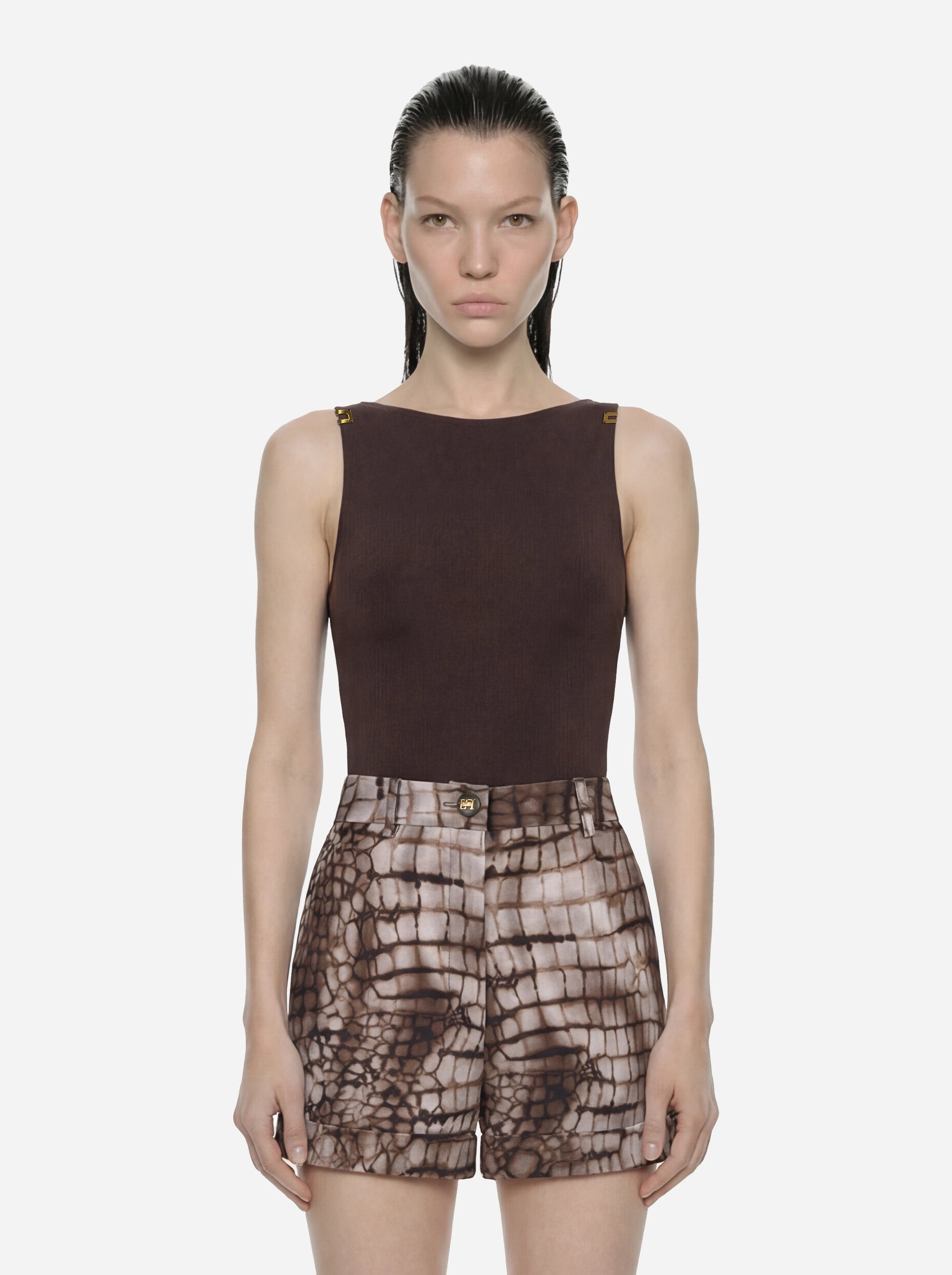 Body in jersey crepe con dettagli logo Marrone