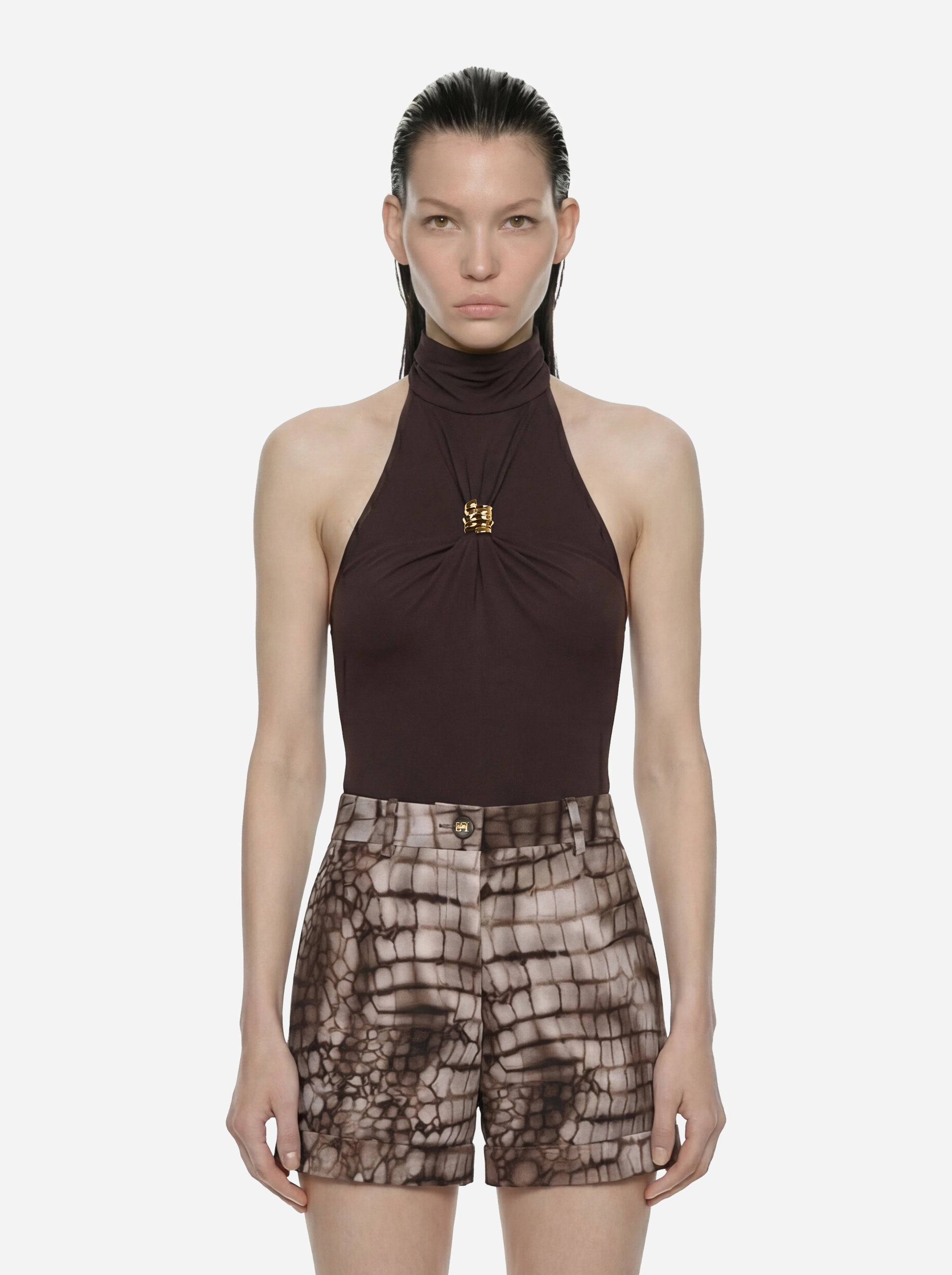 Body in jersey marrone crepe con dettaglio gioiello