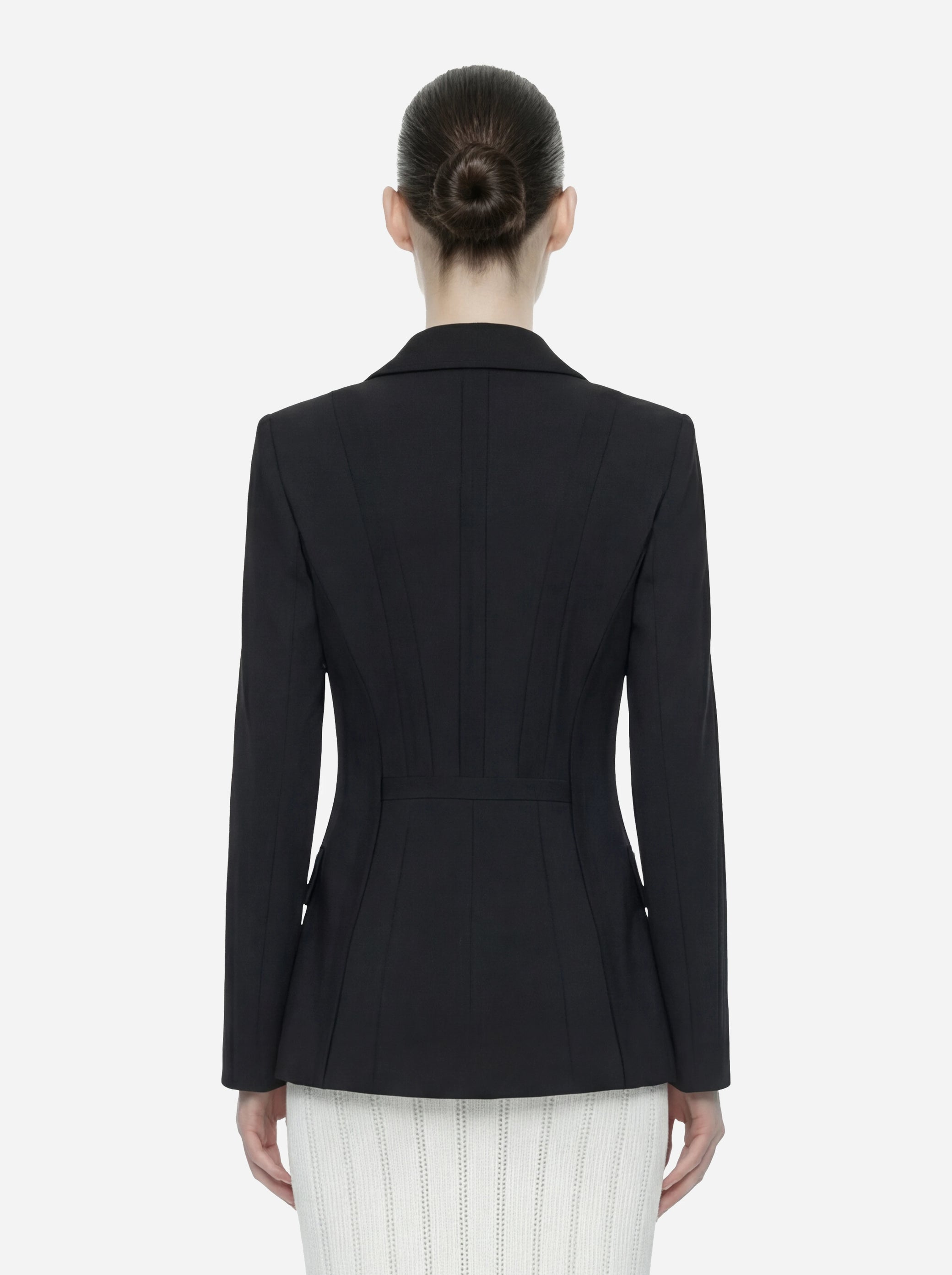 Blazer nero in doppio crepe stretch con motivi a taglio vivo