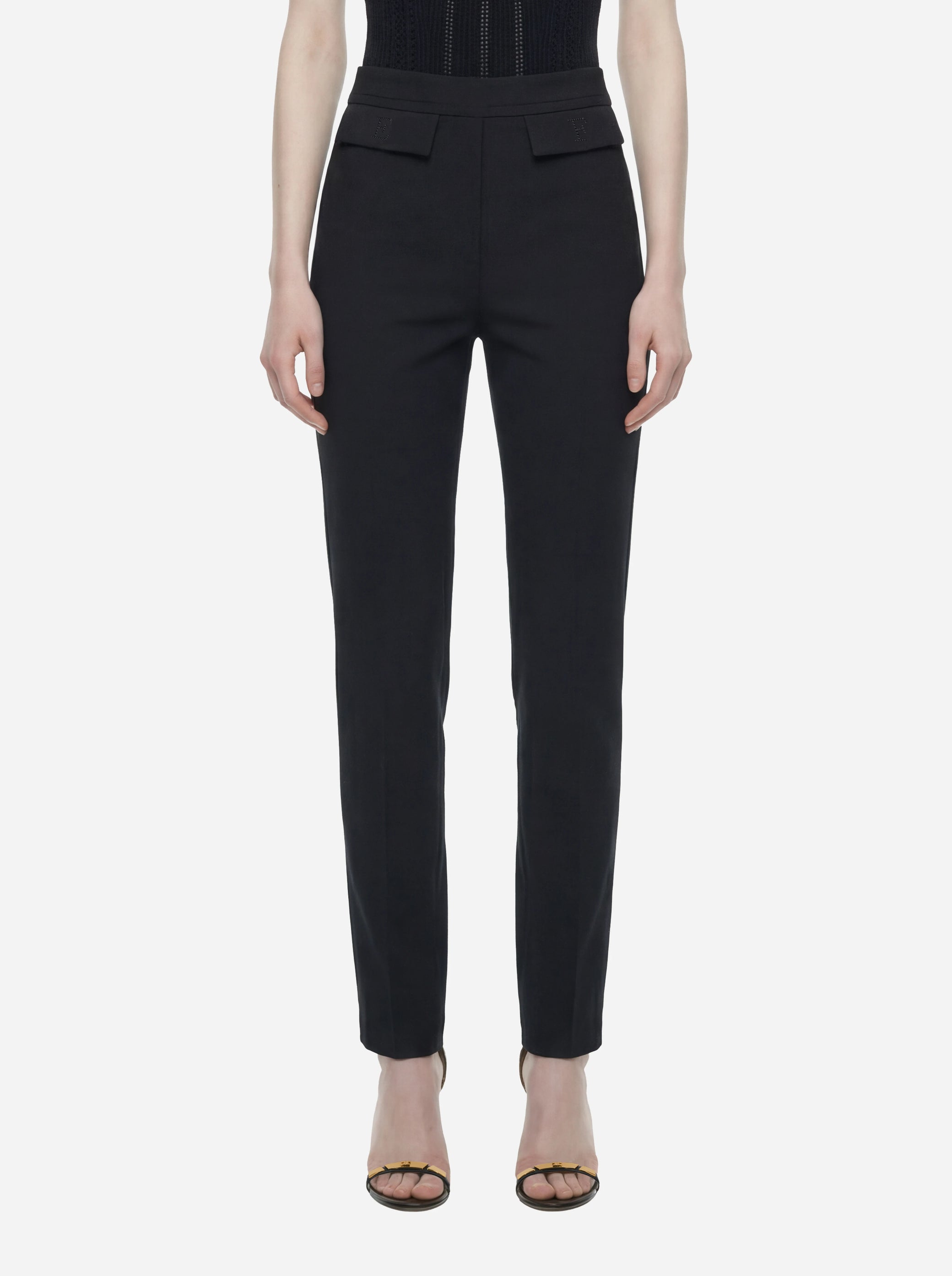 Pantalone nero in doppio crepe stretch con logo ricamato