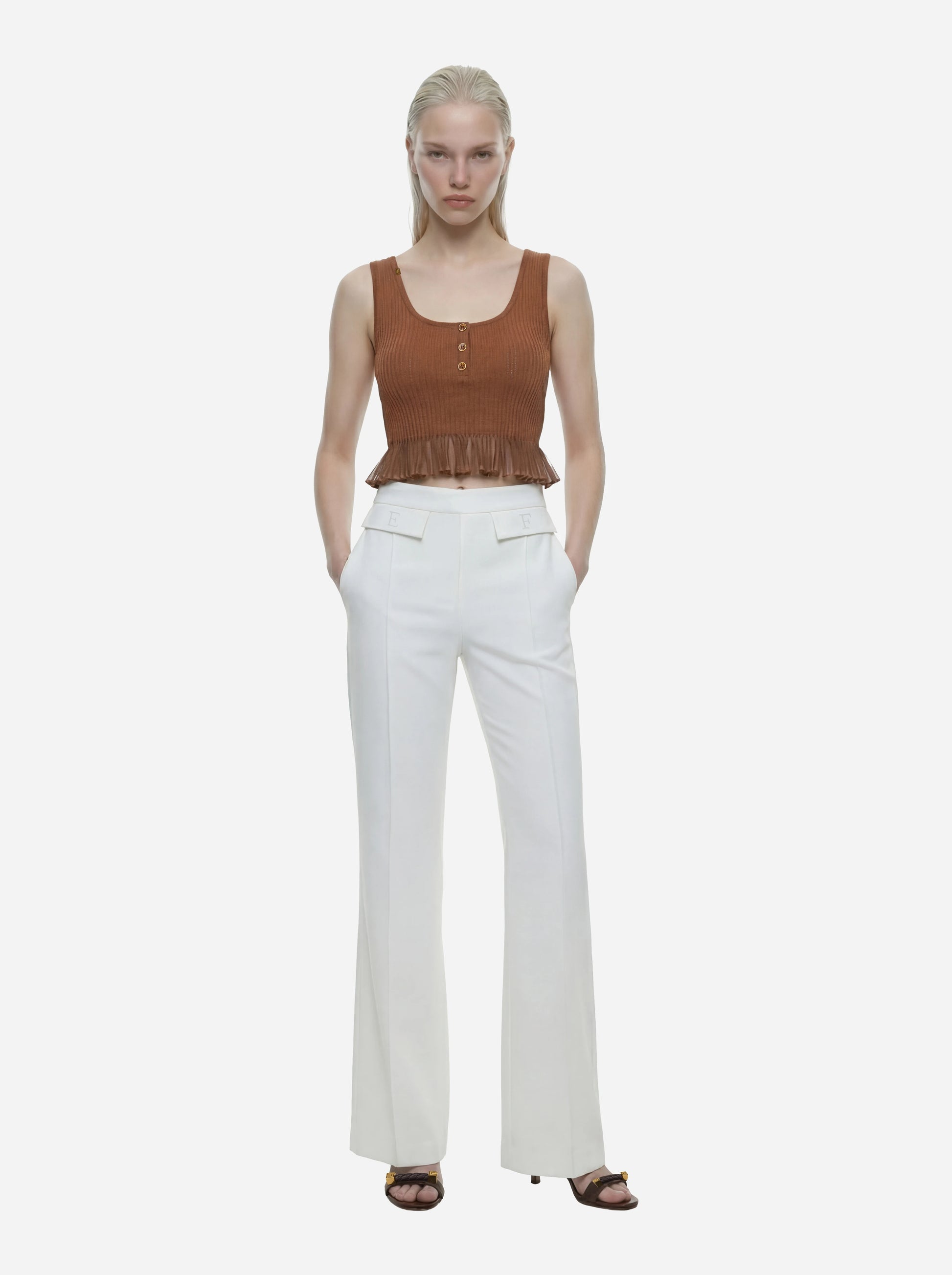 Pantaloni in doppio crepe stretch bianco con logo ricamato