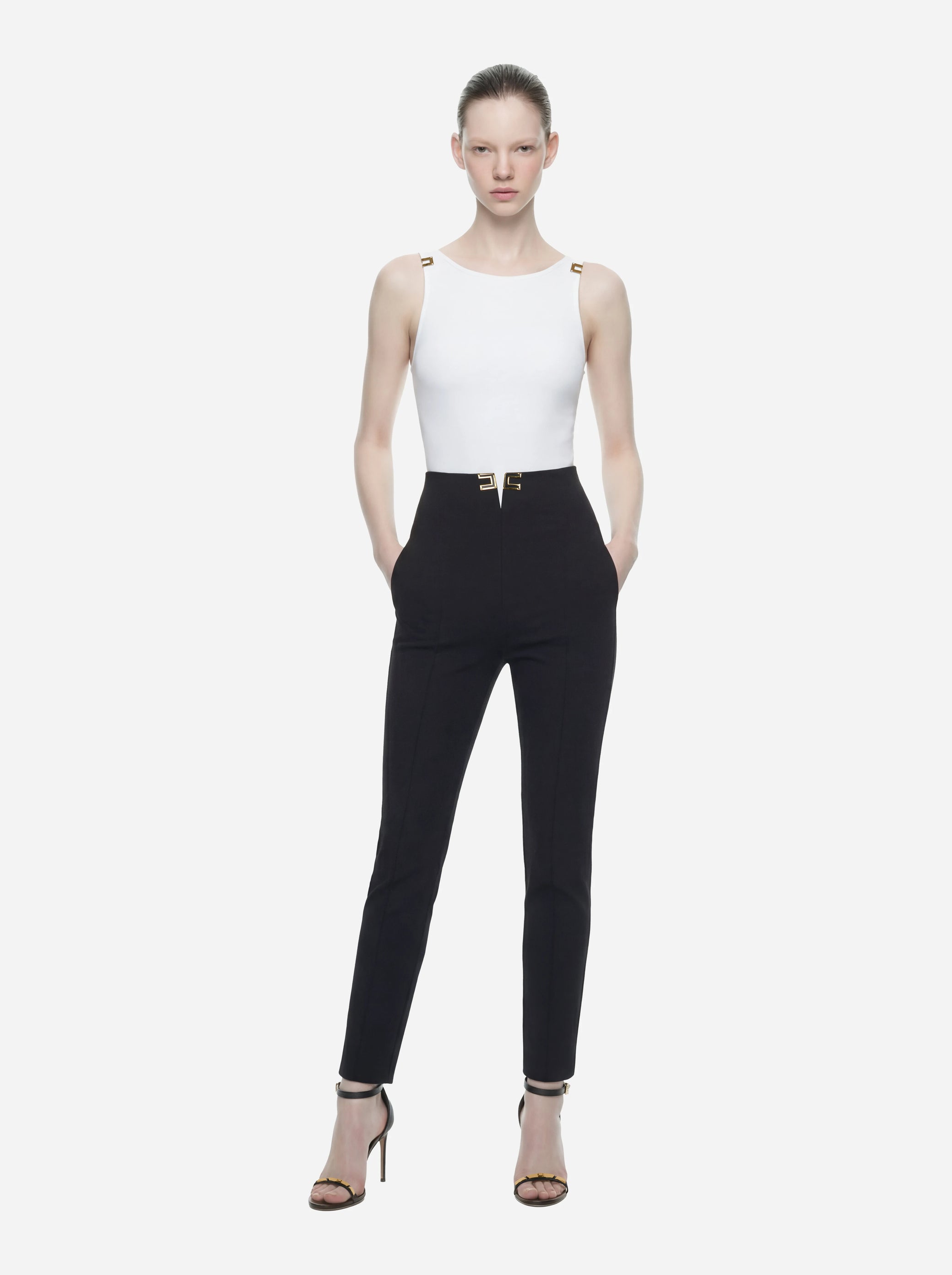 Pantalone nero in doppio crepe stretch con dettagli logo