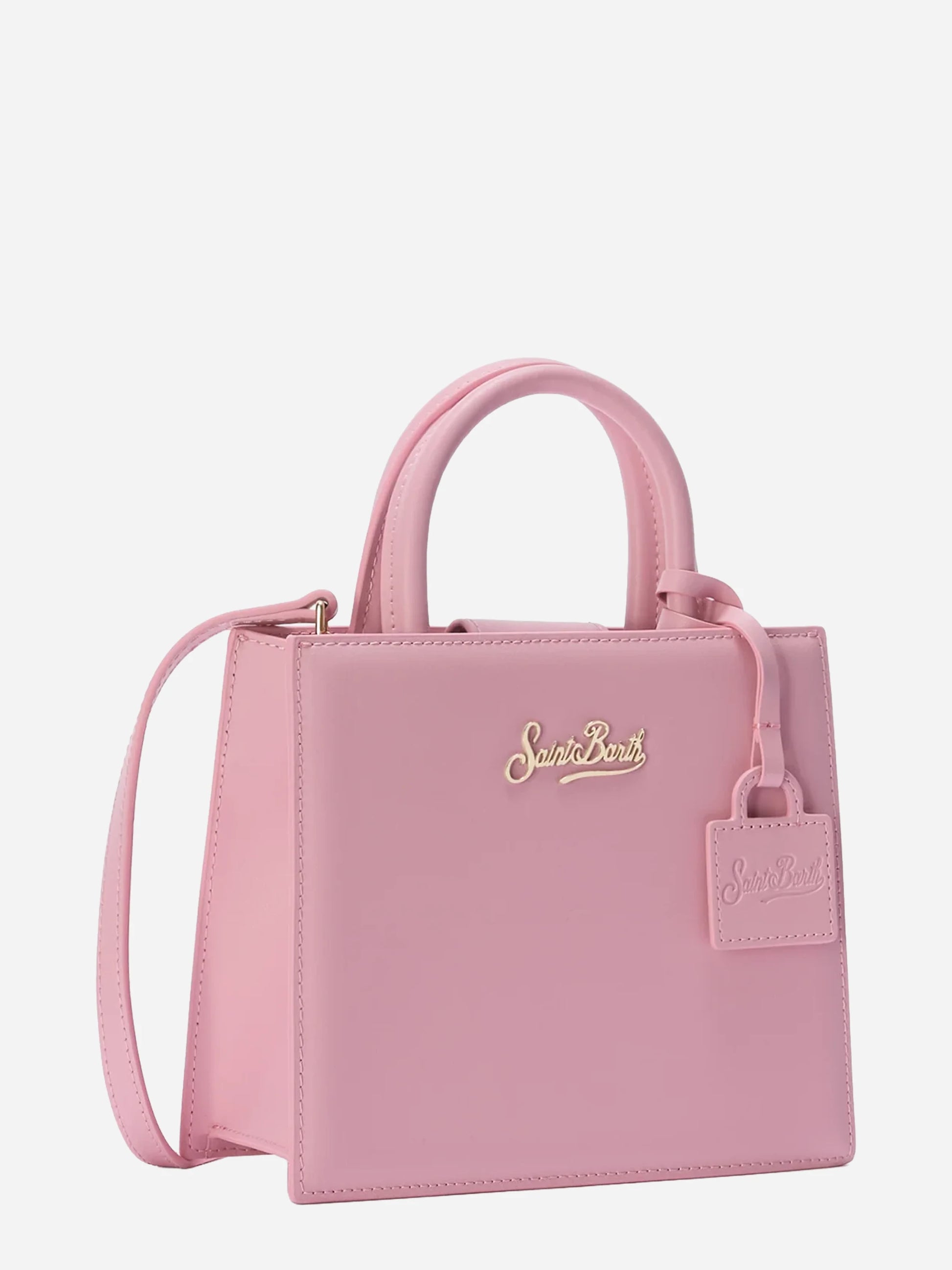 Borsa Shop mini strutturata in pelle liscia rosa con targhetta metallica