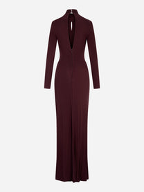 Vista posteriore abito jersey bordeaux con scollo a goccia