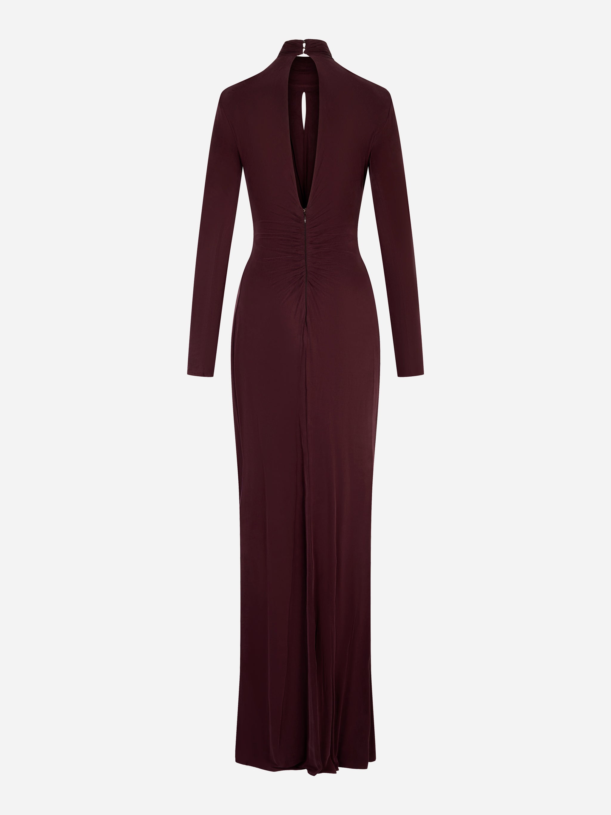 Vista posteriore abito jersey bordeaux con scollo a goccia