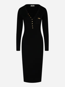 Abito in maglia nera a costine con scollo e taschino Elisabetta Franchi