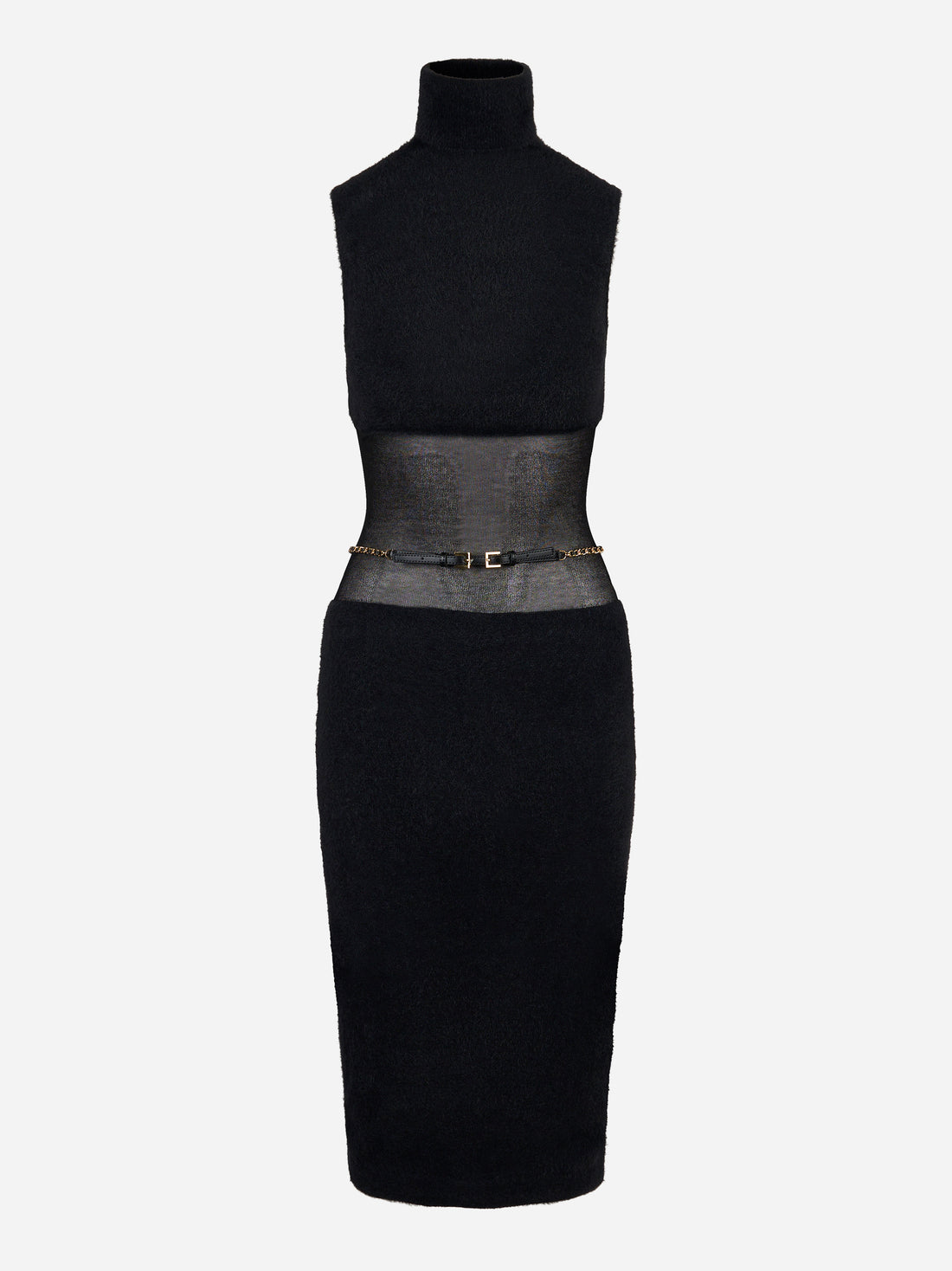 Abito longuette nero Elisabetta Franchi con cintura gioiello e inserti trasparenti - fronte