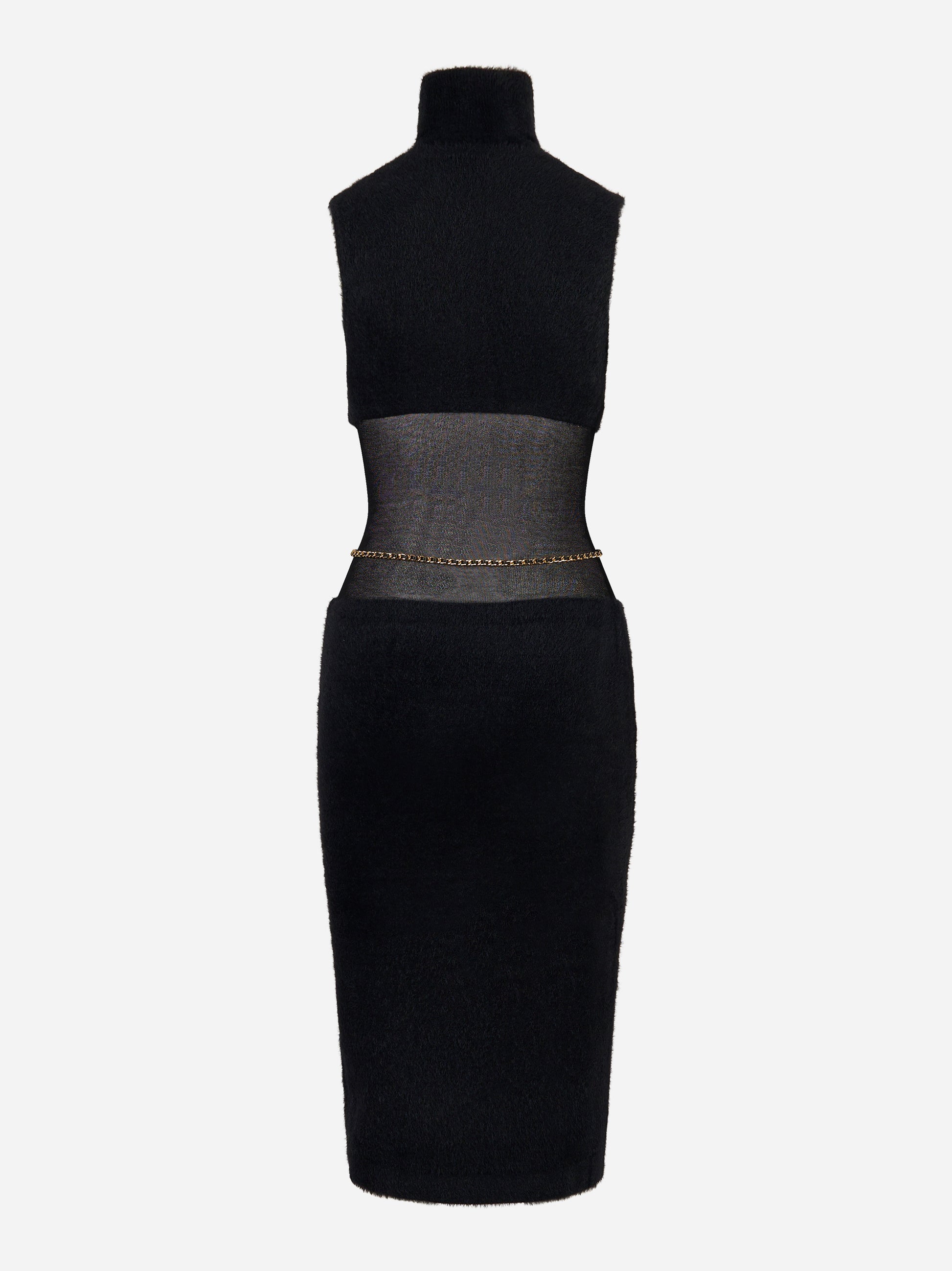 Abito longuette nero Elisabetta Franchi con cintura gioiello e inserti trasparenti - retro