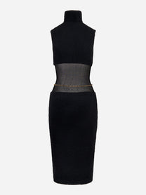 Abito longuette nero Elisabetta Franchi con cintura gioiello e inserti trasparenti - retro