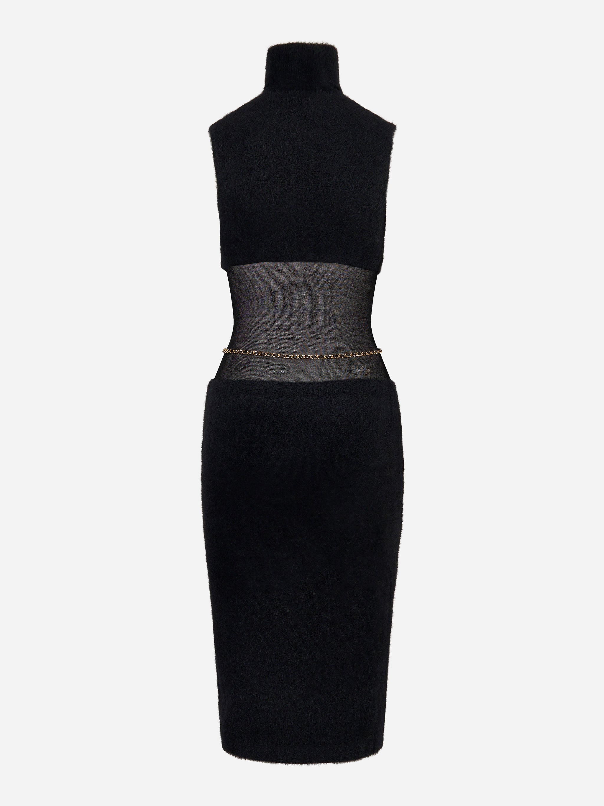 Abito longuette nero Elisabetta Franchi con cintura gioiello e inserti trasparenti - retro