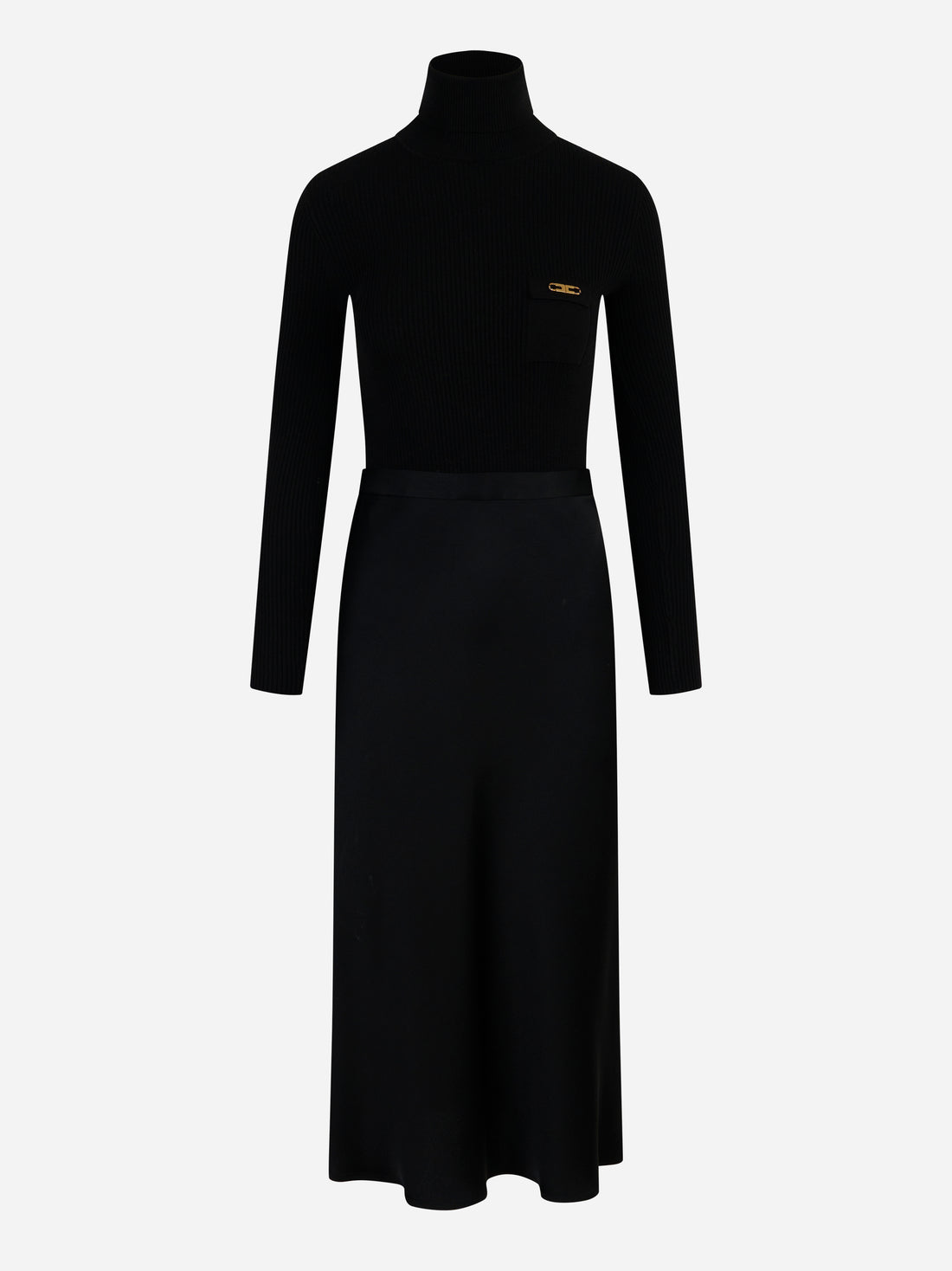 Abito in maglia a costine con gonna in raso nero Elisabetta Franchi - fronte
