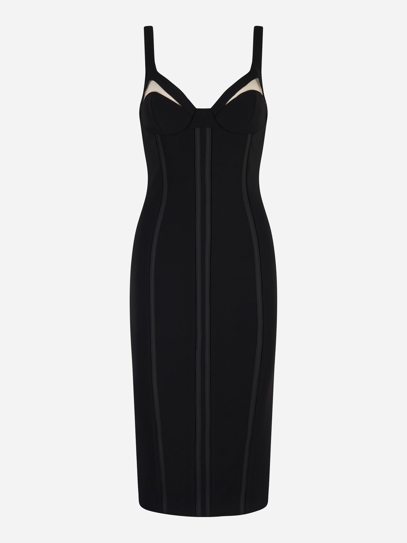 Abito midi nero Elisabetta Franchi in crêpe leggero con inserti in tulle trasparente