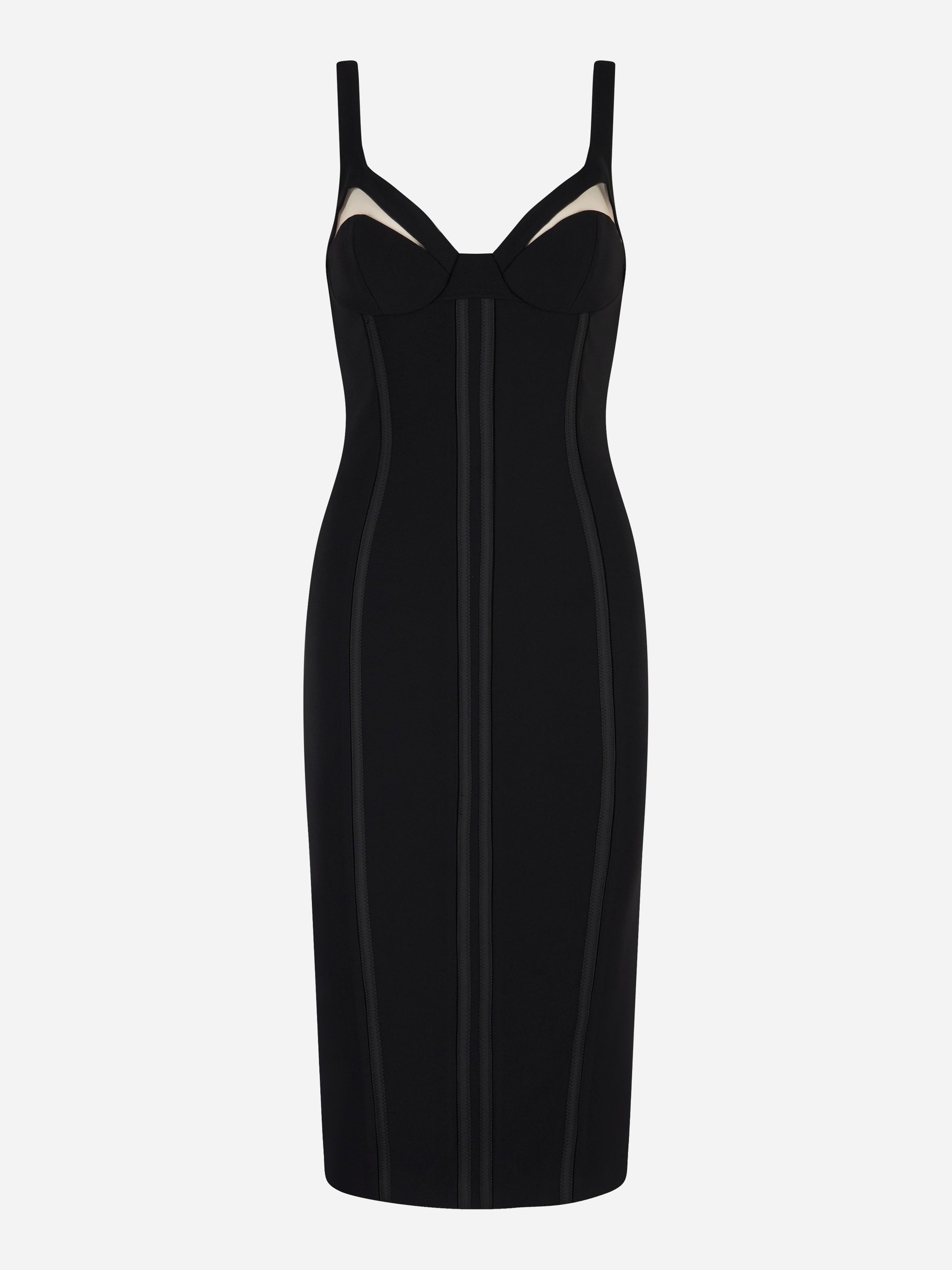 Abito midi nero Elisabetta Franchi in crêpe leggero con inserti in tulle trasparente